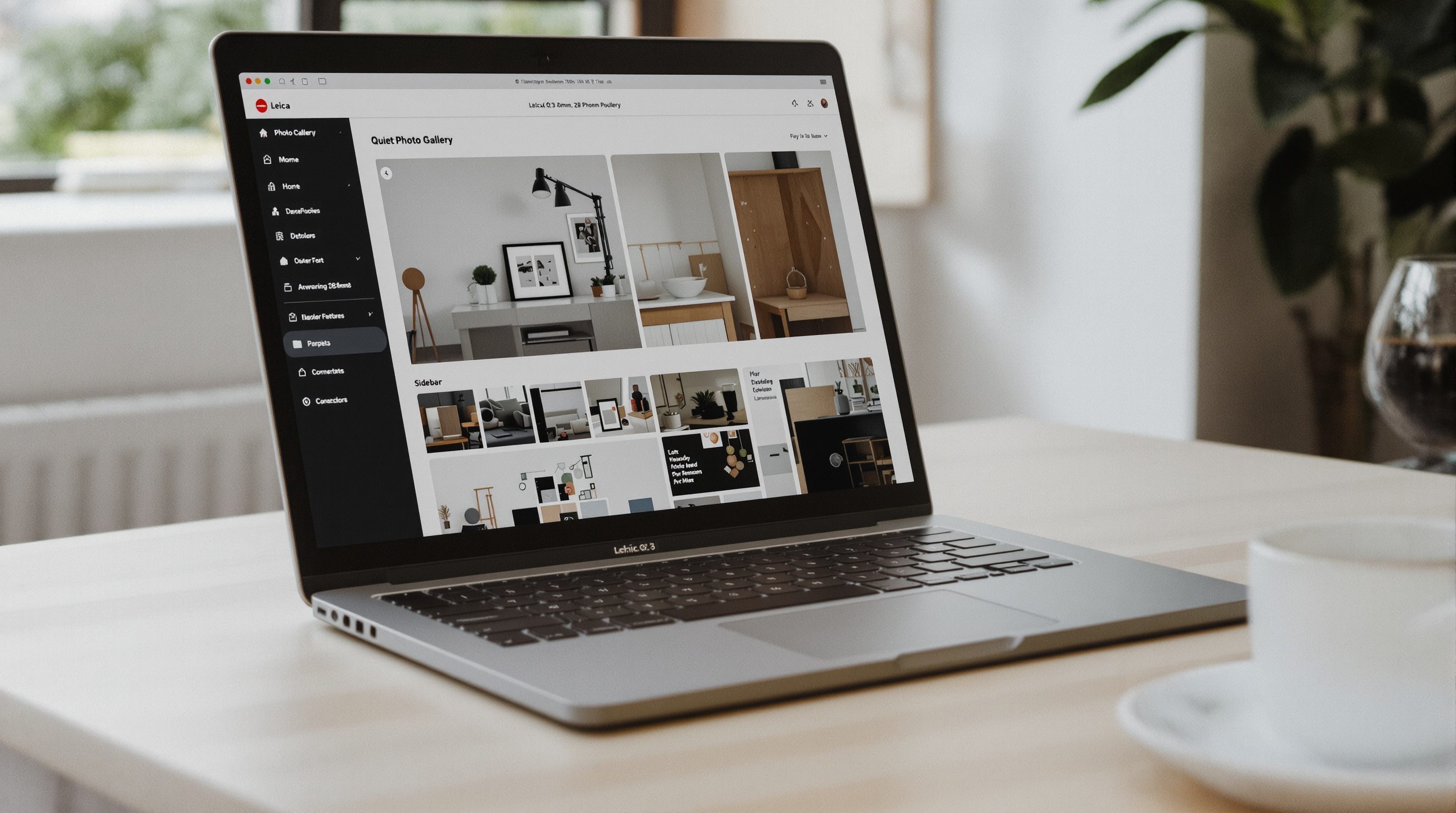 Laptop open on a wooden table displaying a private photo album interface with soft morning light through a window