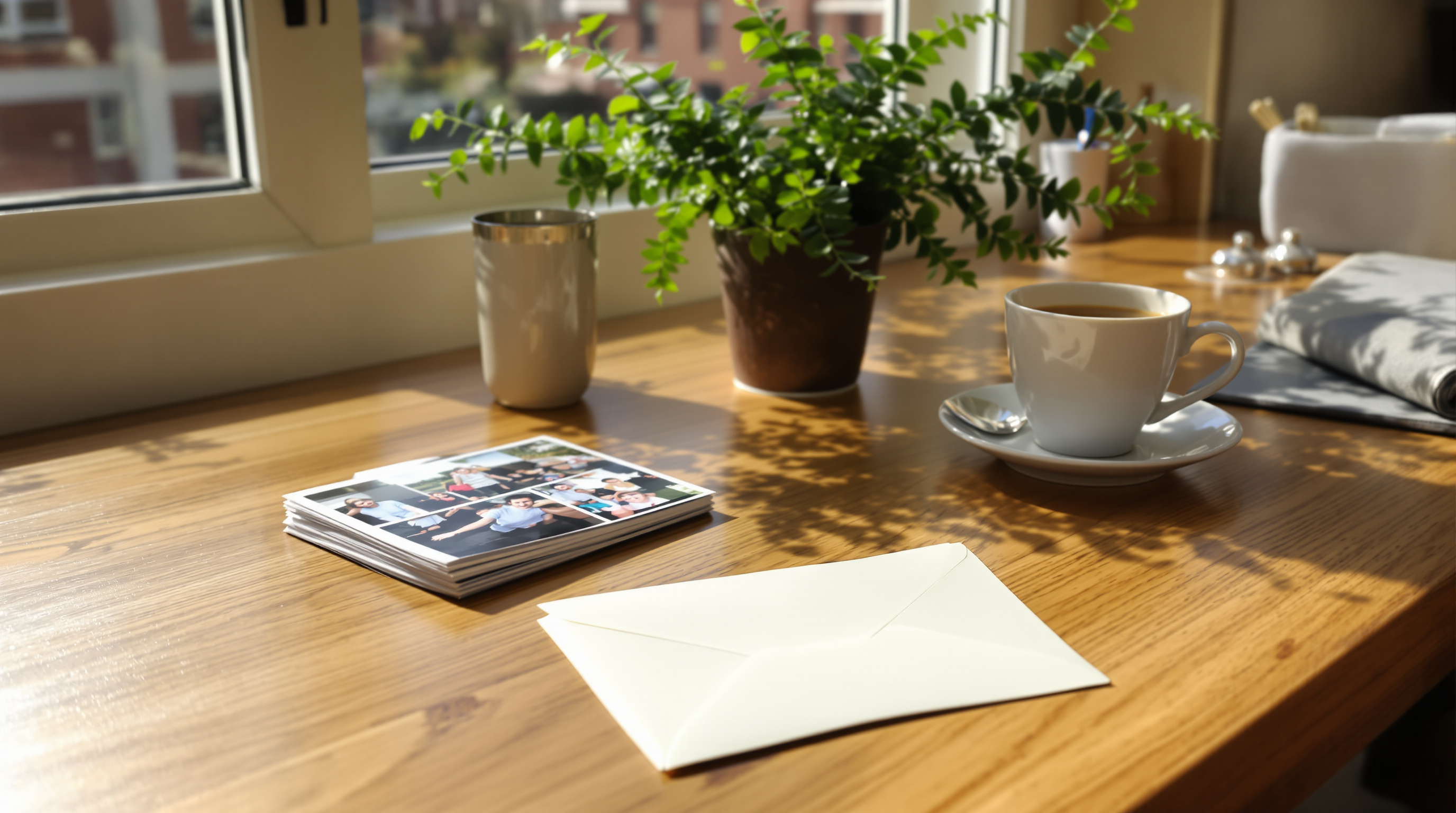 A small stack of family photo prints and a blank cream envelope on a sunny wooden desk beside a cup of tea and a fern