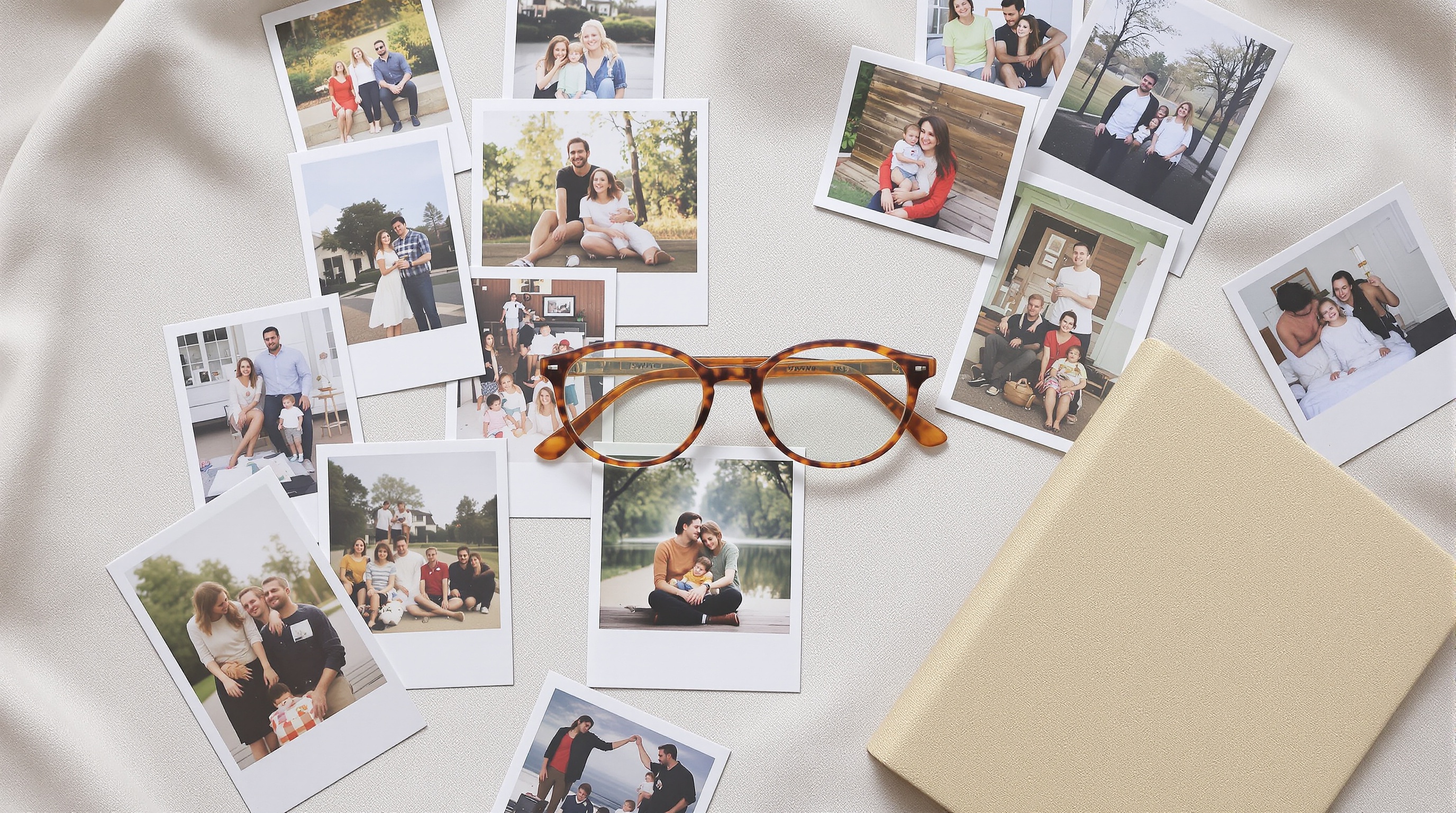 Overhead flat lay of printed family photographs arranged on linen with a pair of reading glasses and a warm beige notebook