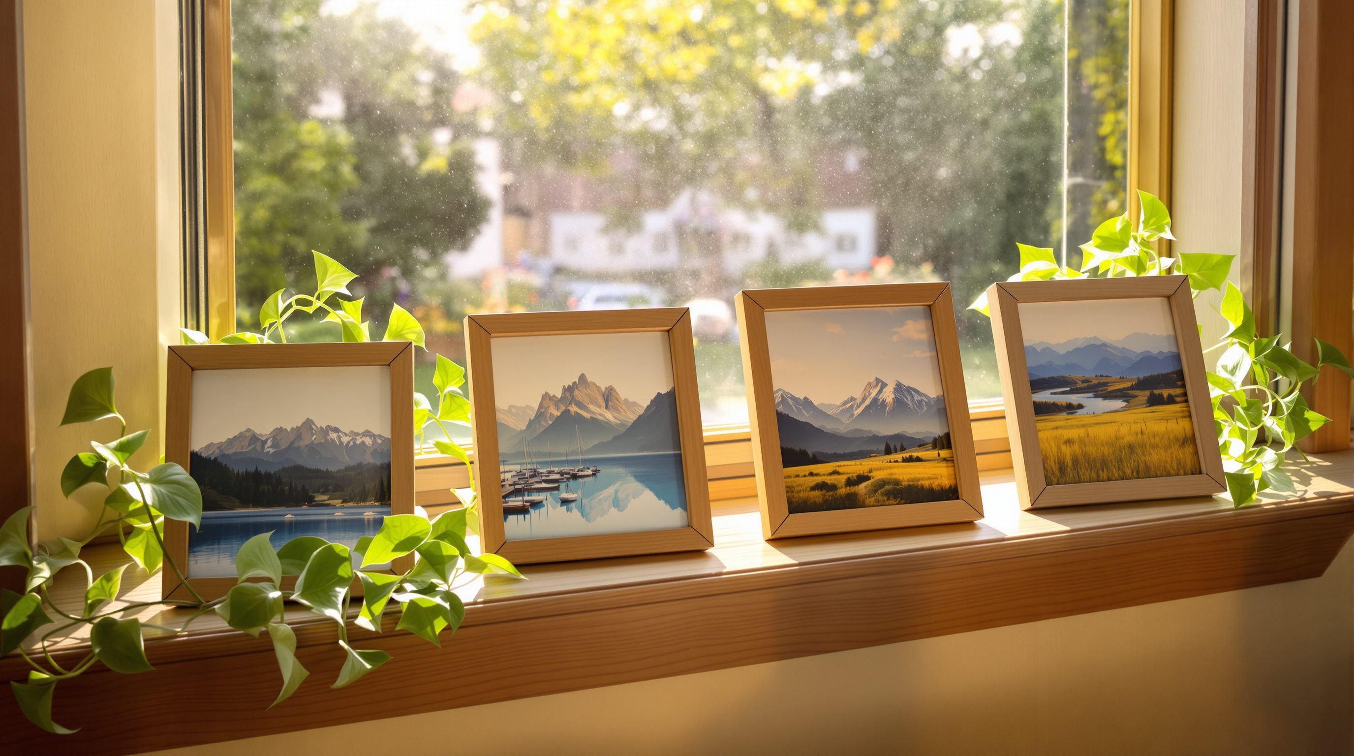 Four small framed landscape photographs of mountains and lakes on a sunlit windowsill with a trailing plant