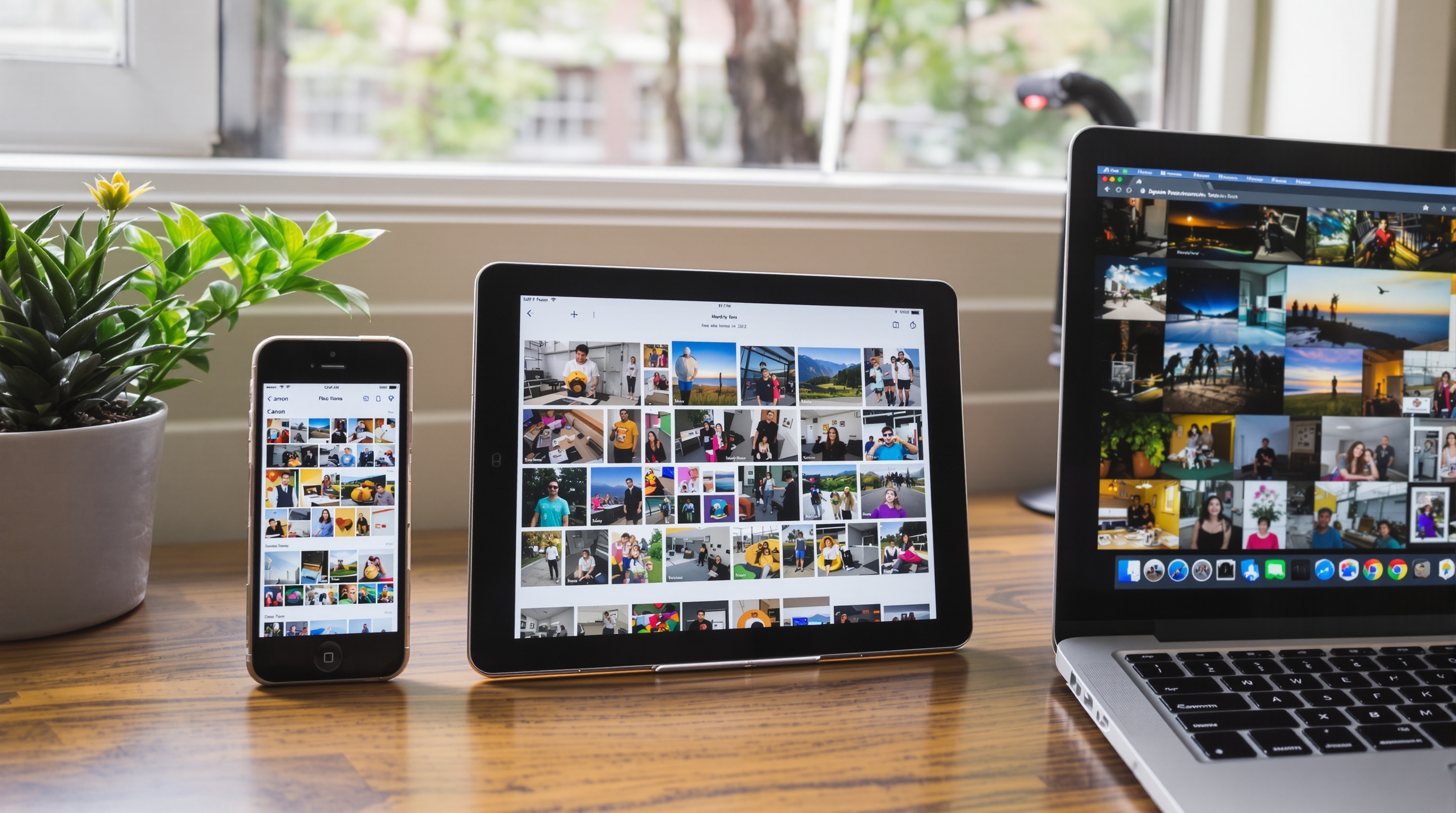 A row of different devices showing photo galleries - phone, tablet, laptop - on a wooden desk, natural light