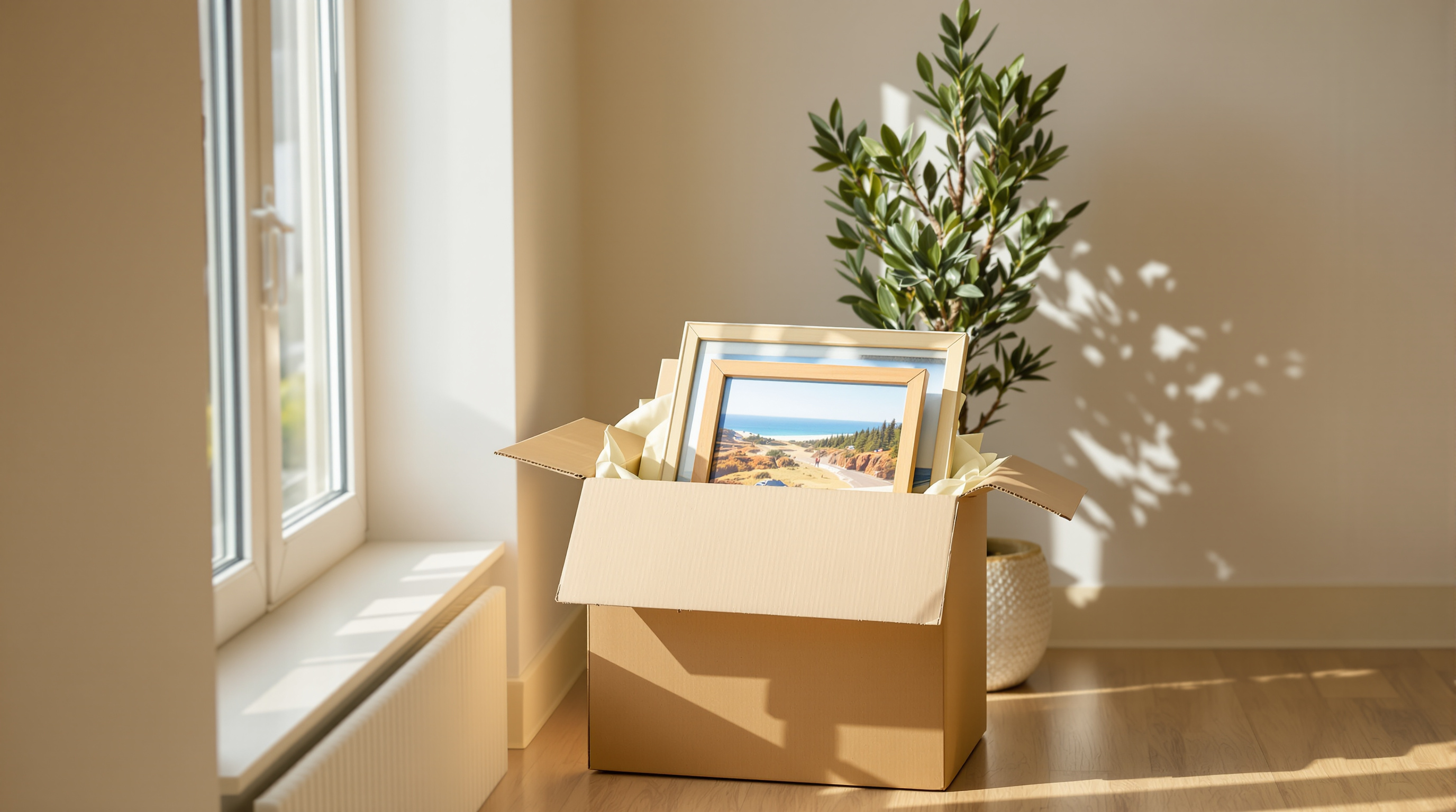 An open moving box holding framed beach photographs in tissue paper, beside a potted olive tree in a sunny hallway