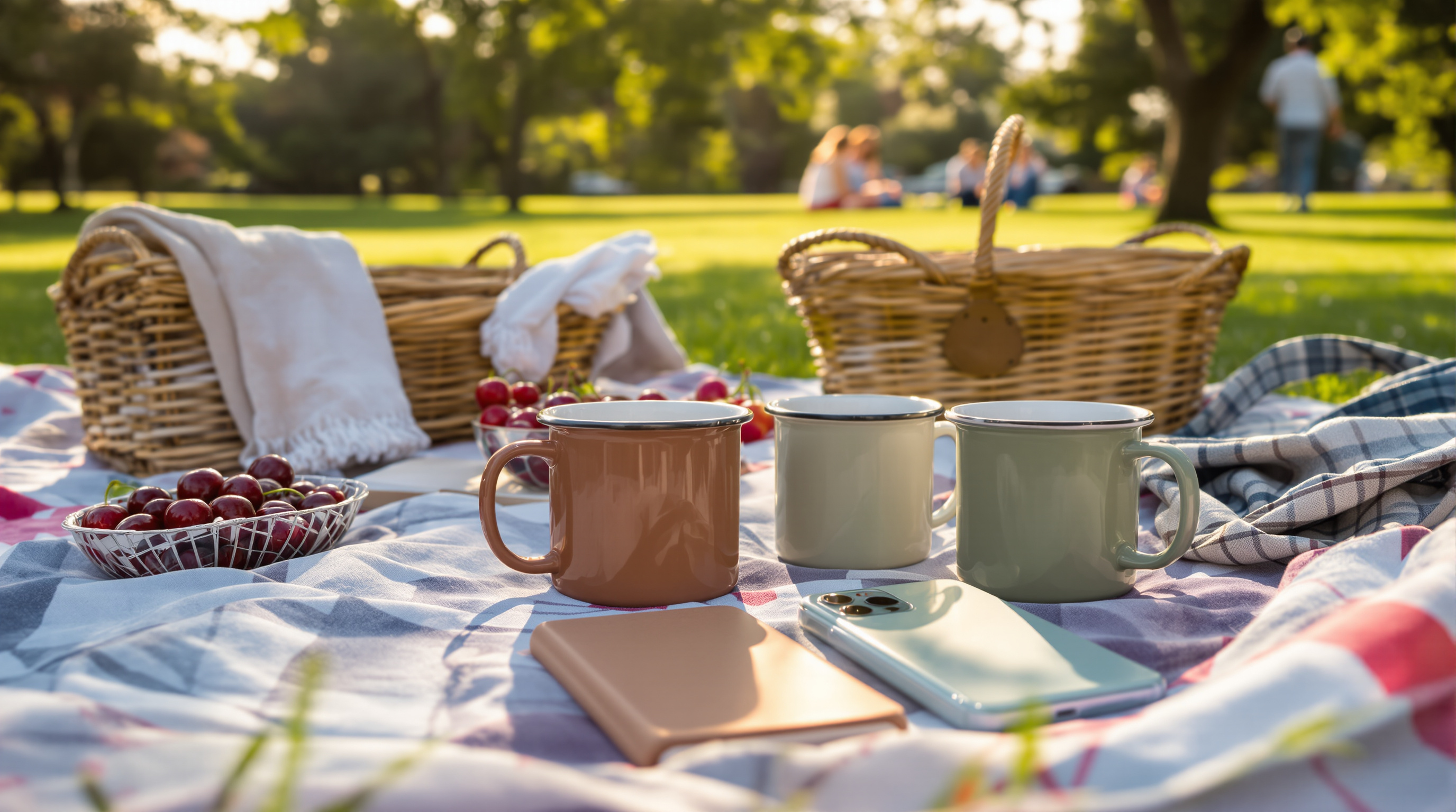 A picnic blanket in a park with enamel mugs, cherries and two phones in terracotta and sage cases, a family sitting on the grass behind