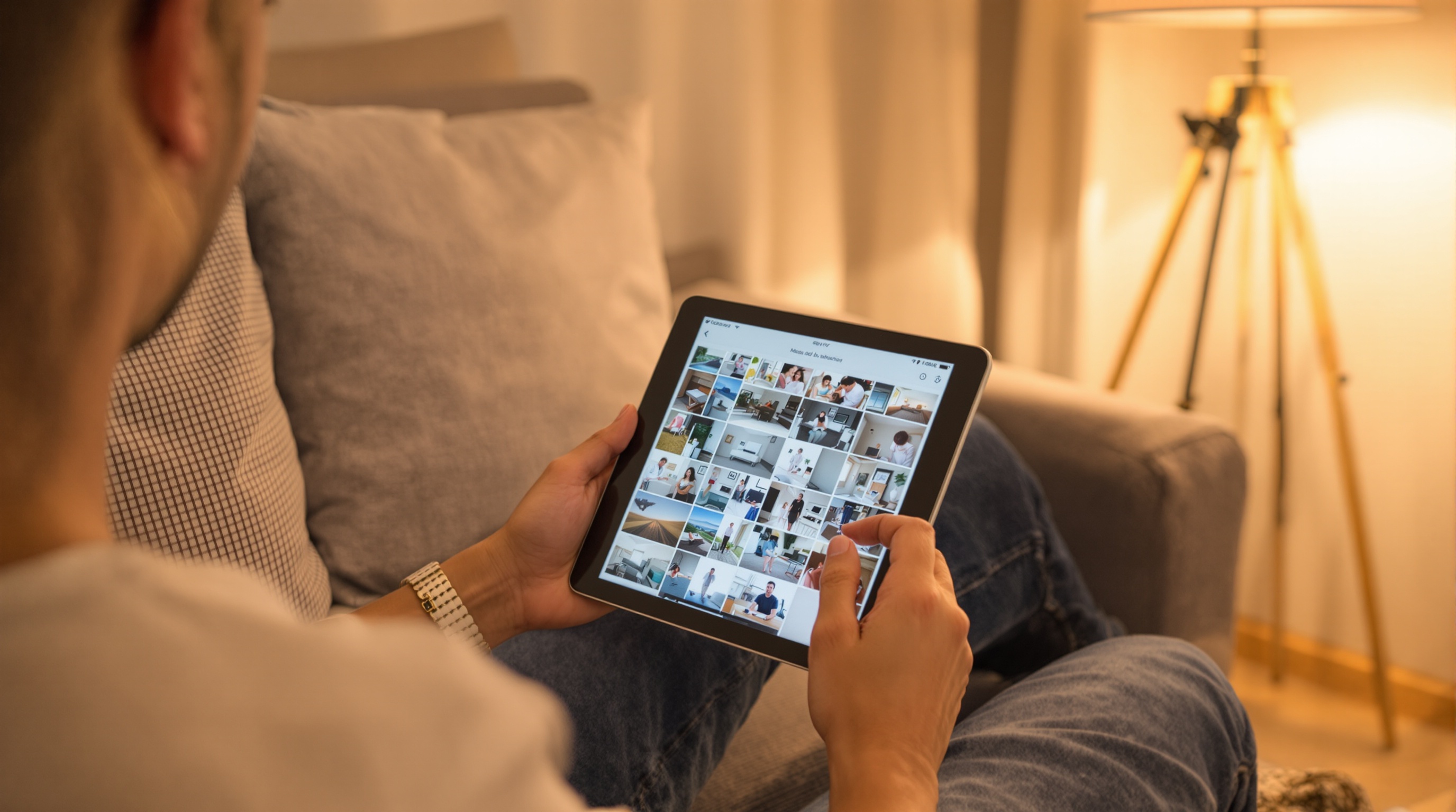 A person viewing a photo gallery on a tablet while sitting on a sofa, warm indoor lighting, lifestyle editorial shot