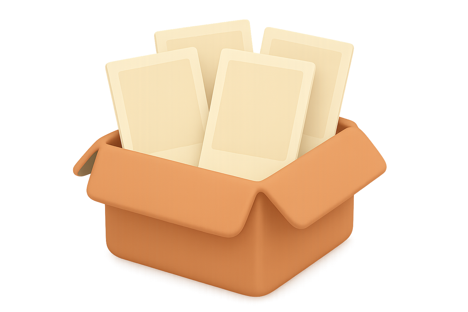 Illustration of an open moving box with blank photo prints standing inside it, representing moving a photo library out of iCloud