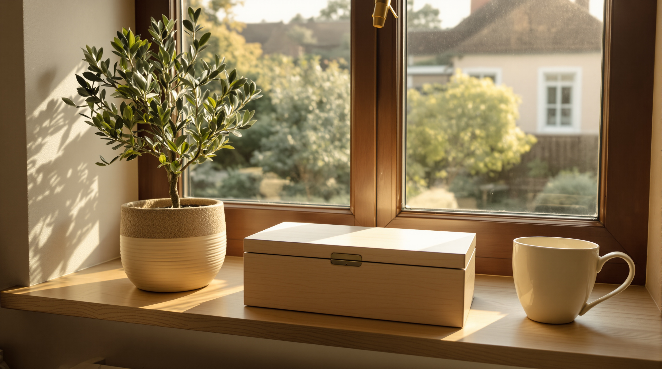 A closed pale wooden keepsake box on a sunlit windowsill between a small olive tree and a cream cup
