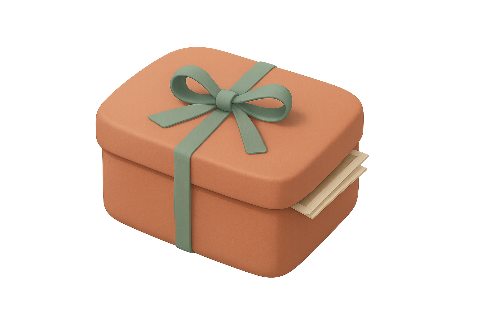 A matte illustration of a closed terracotta keepsake box tied with a sage ribbon, photo prints tucked under the lid