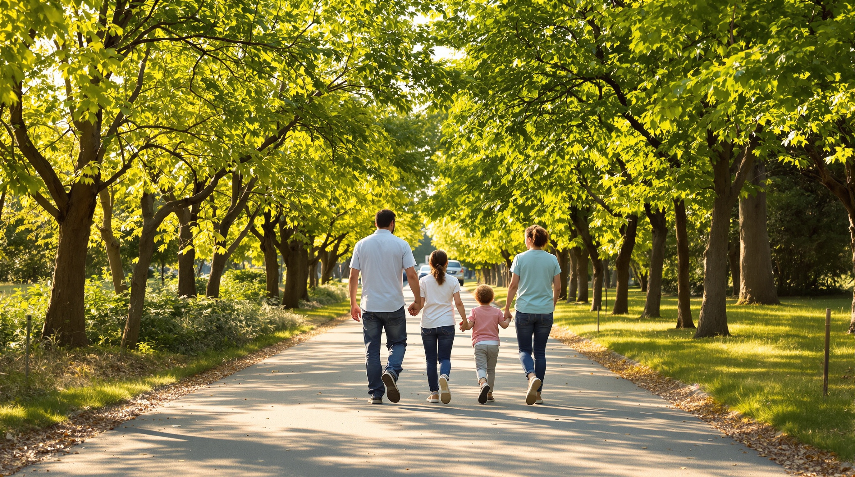 A family walking together through a sunlit park path, photographed from behind, golden hour light