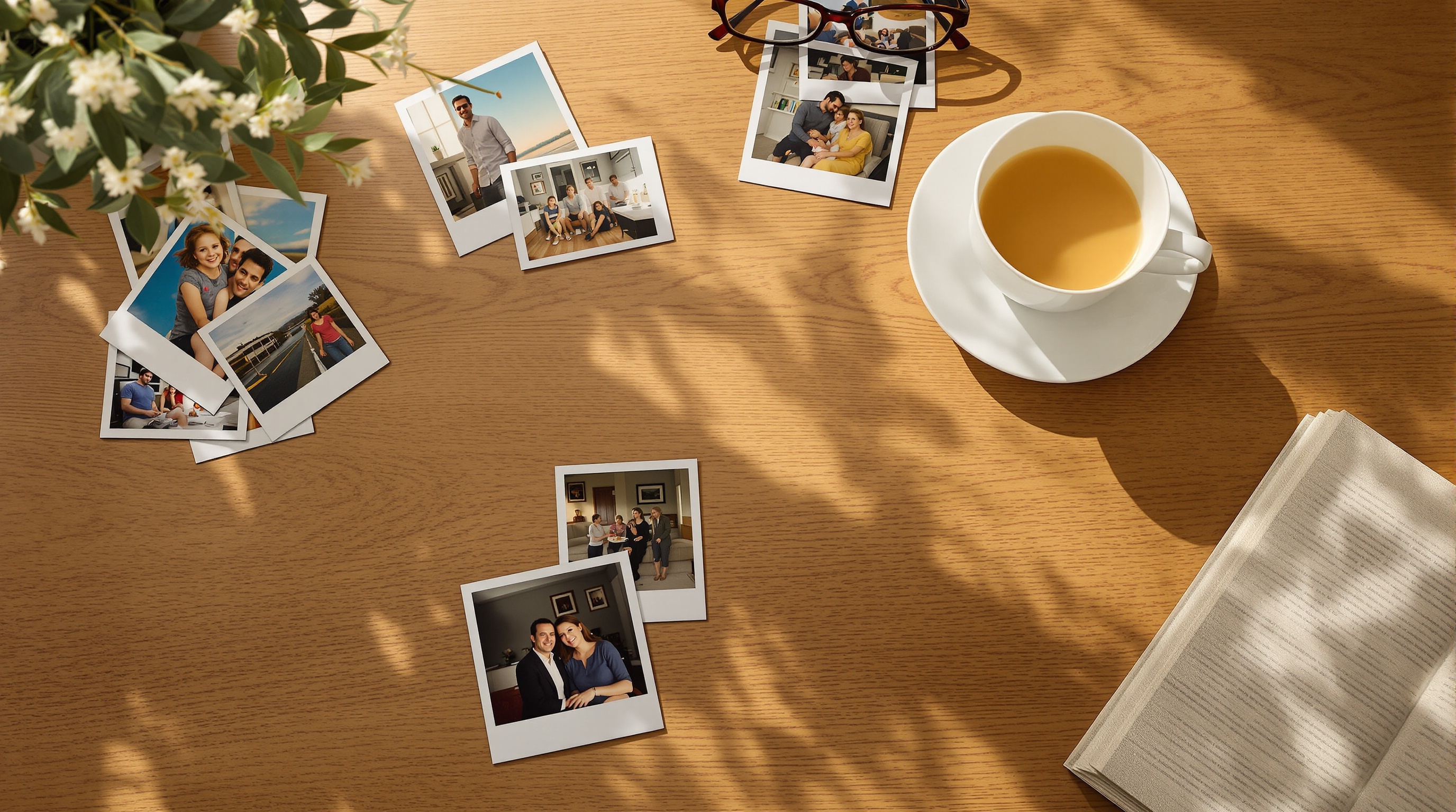 Overhead view of a family table with printed photos spread out next to a cup of tea, warm afternoon light