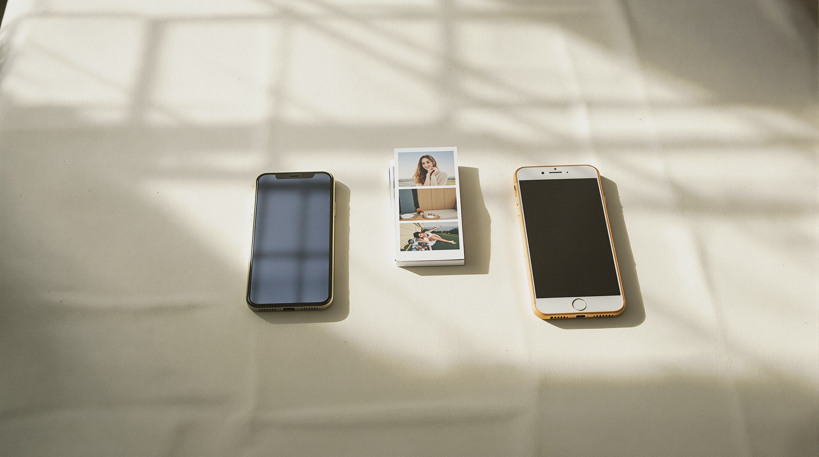 Two phones lying face-down on a pale linen tablecloth beside a small stack of square photo prints