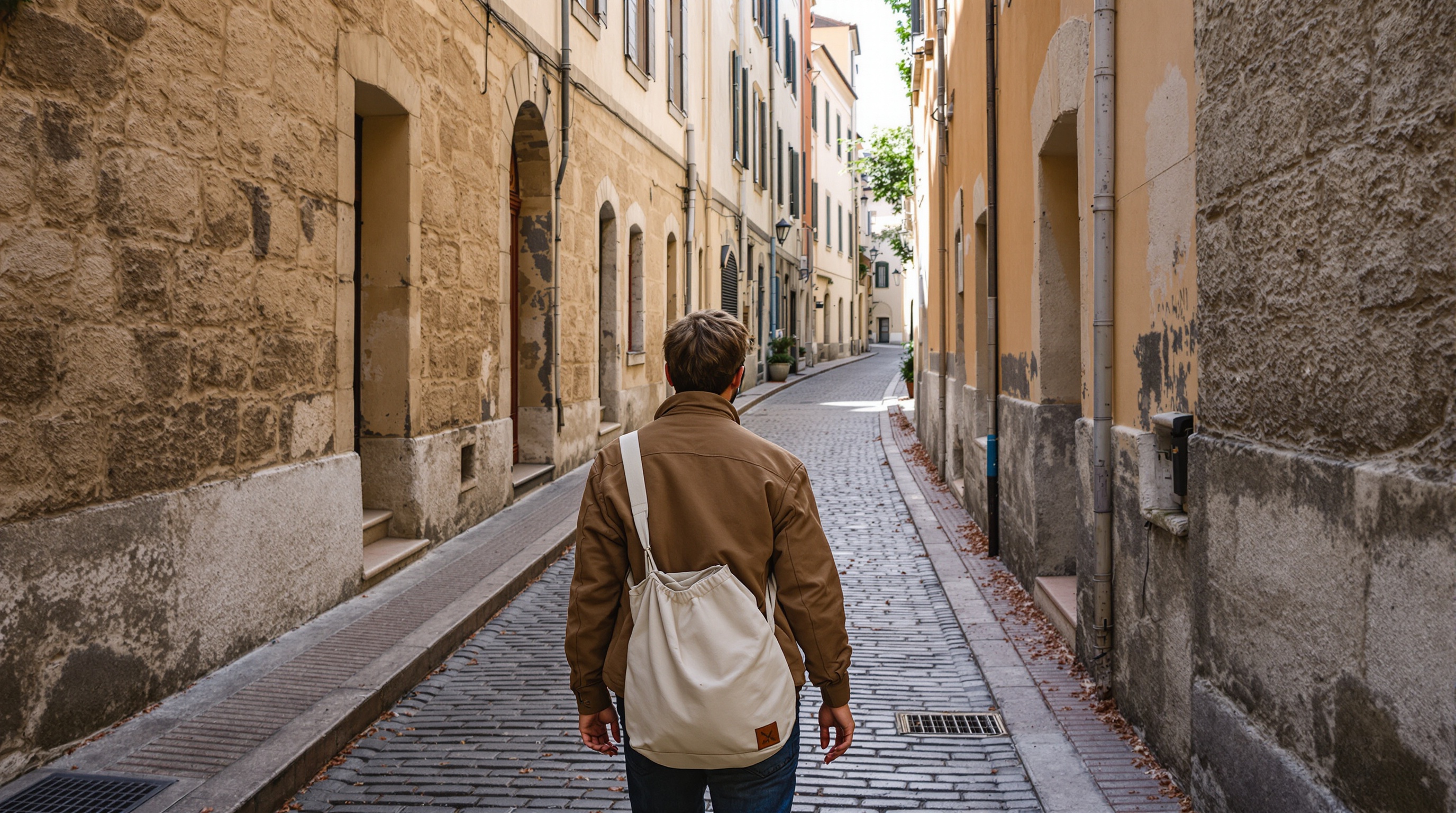 A person walking away down a narrow European street, camera bag over shoulder, soft afternoon light filtering between buildings