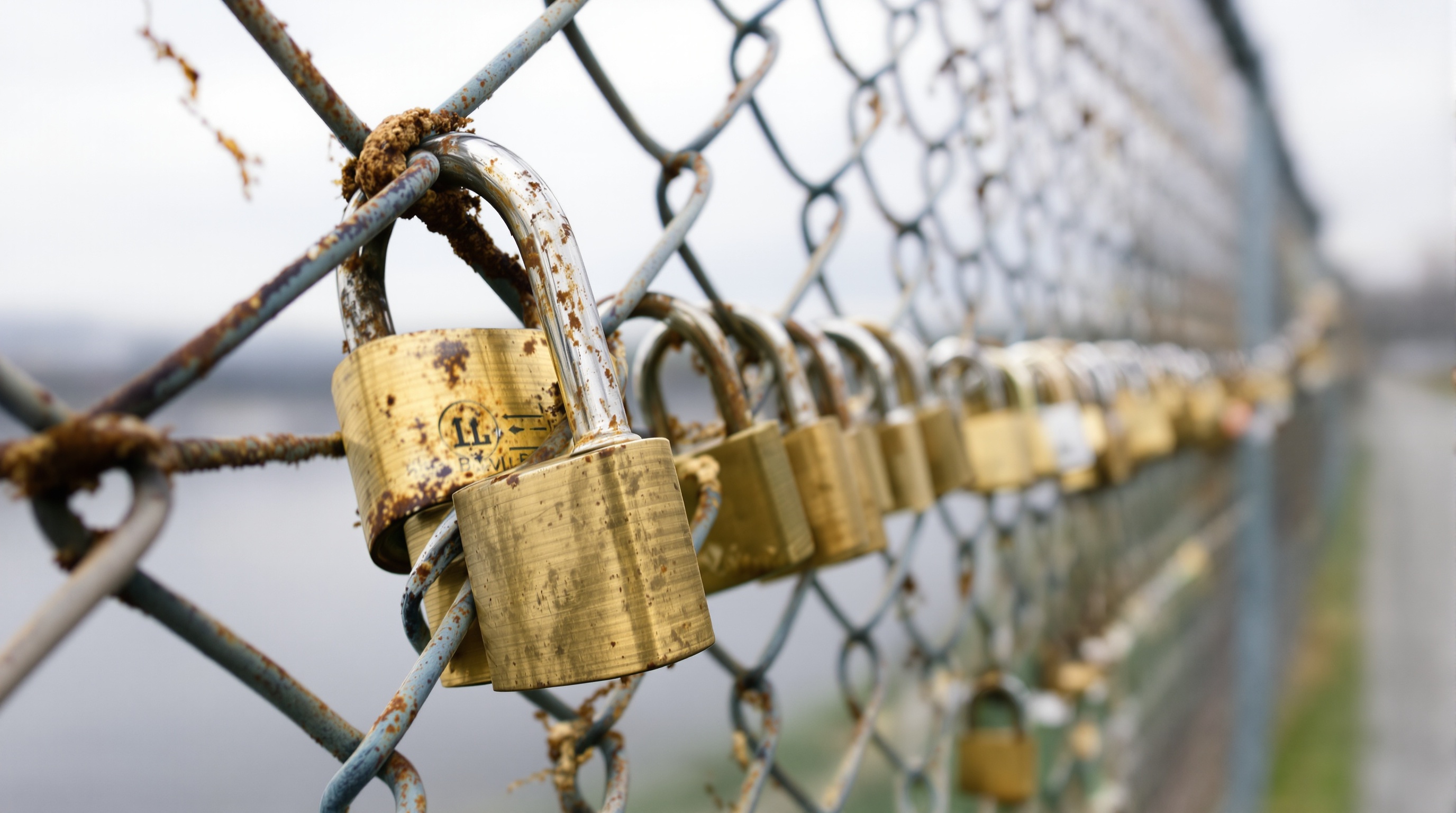 A row of locked padlocks on a chain-link fence with one padlock open and hanging loose, overcast daylight