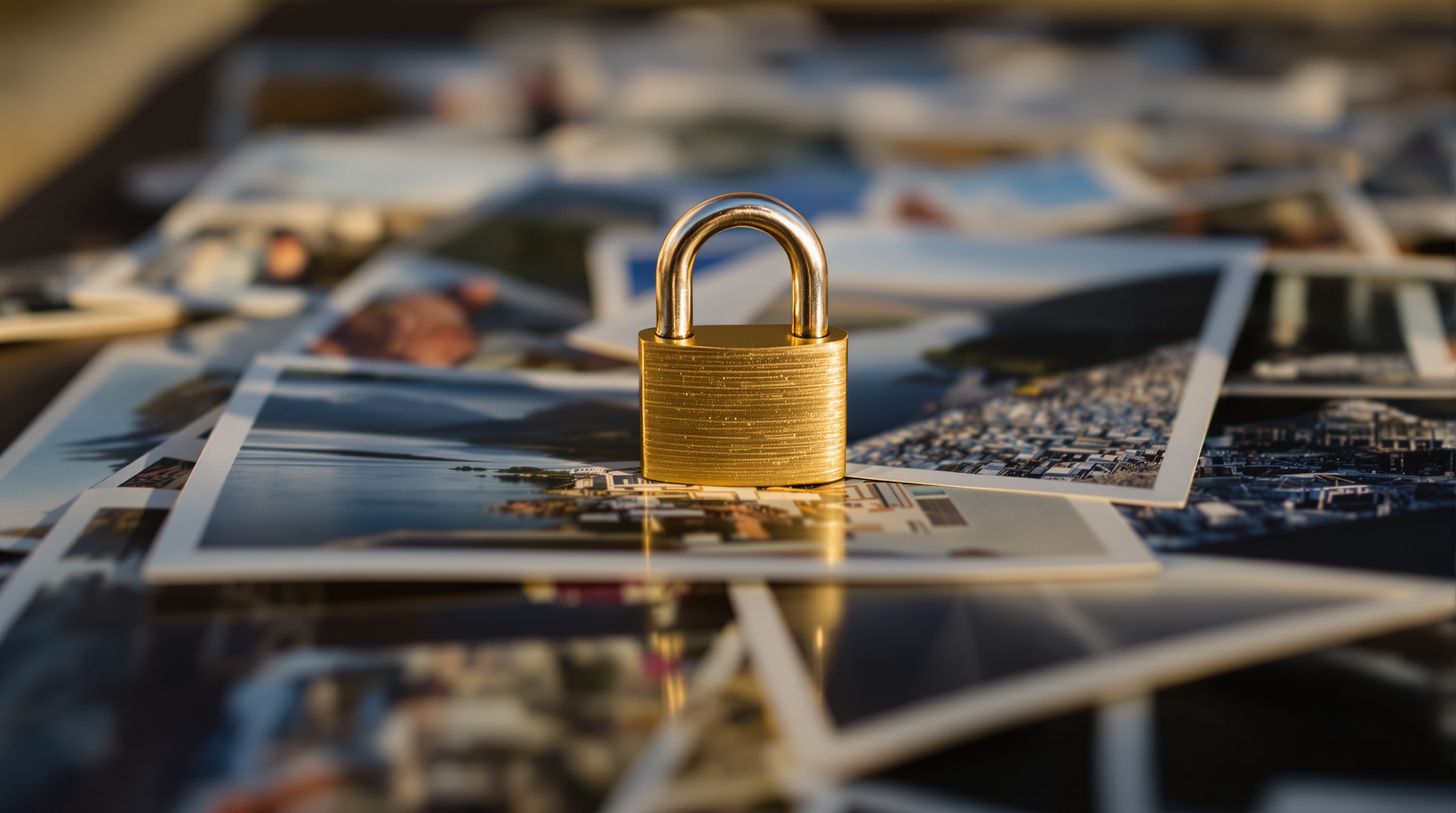 A padlock resting on a stack of printed photographs, warm afternoon light with shallow depth of field