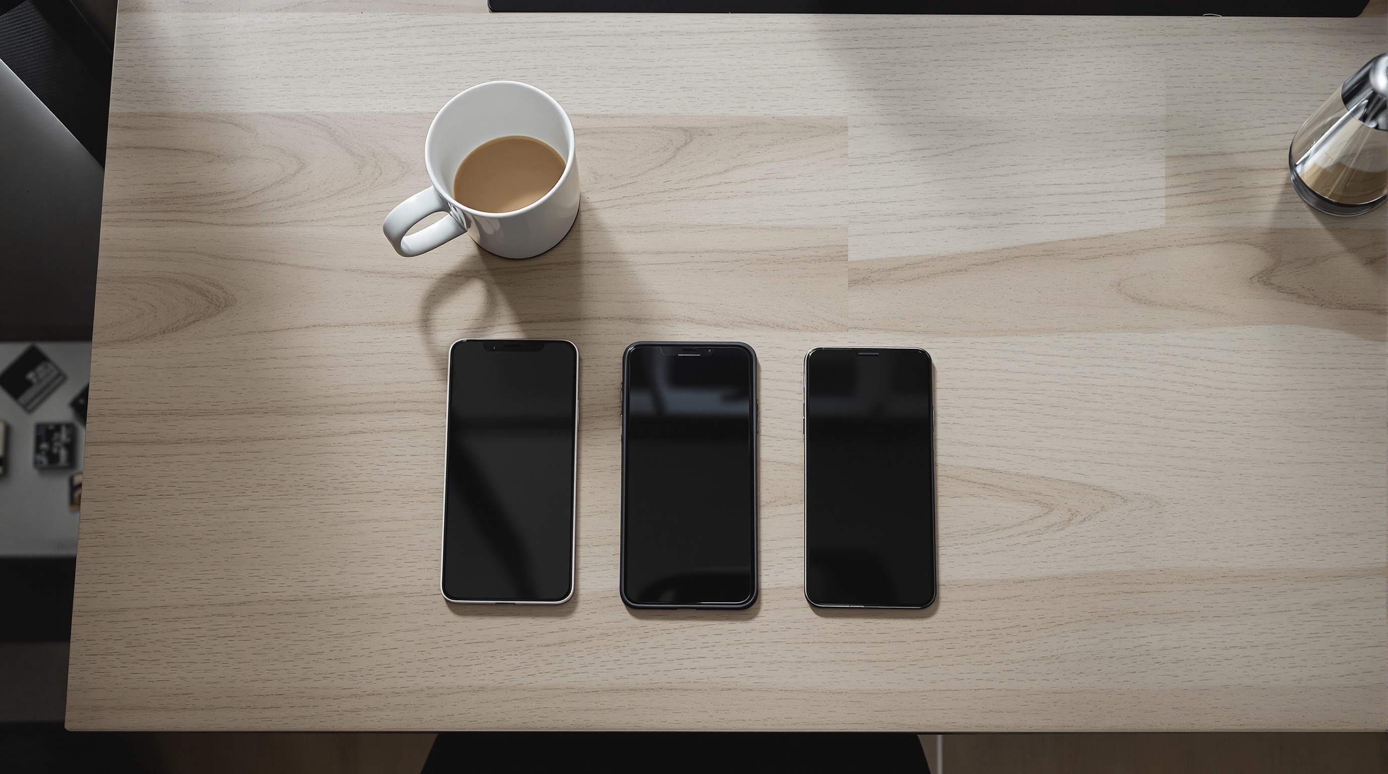 Multiple smartphones placed face-down on a minimal wooden desk, soft diffused window light