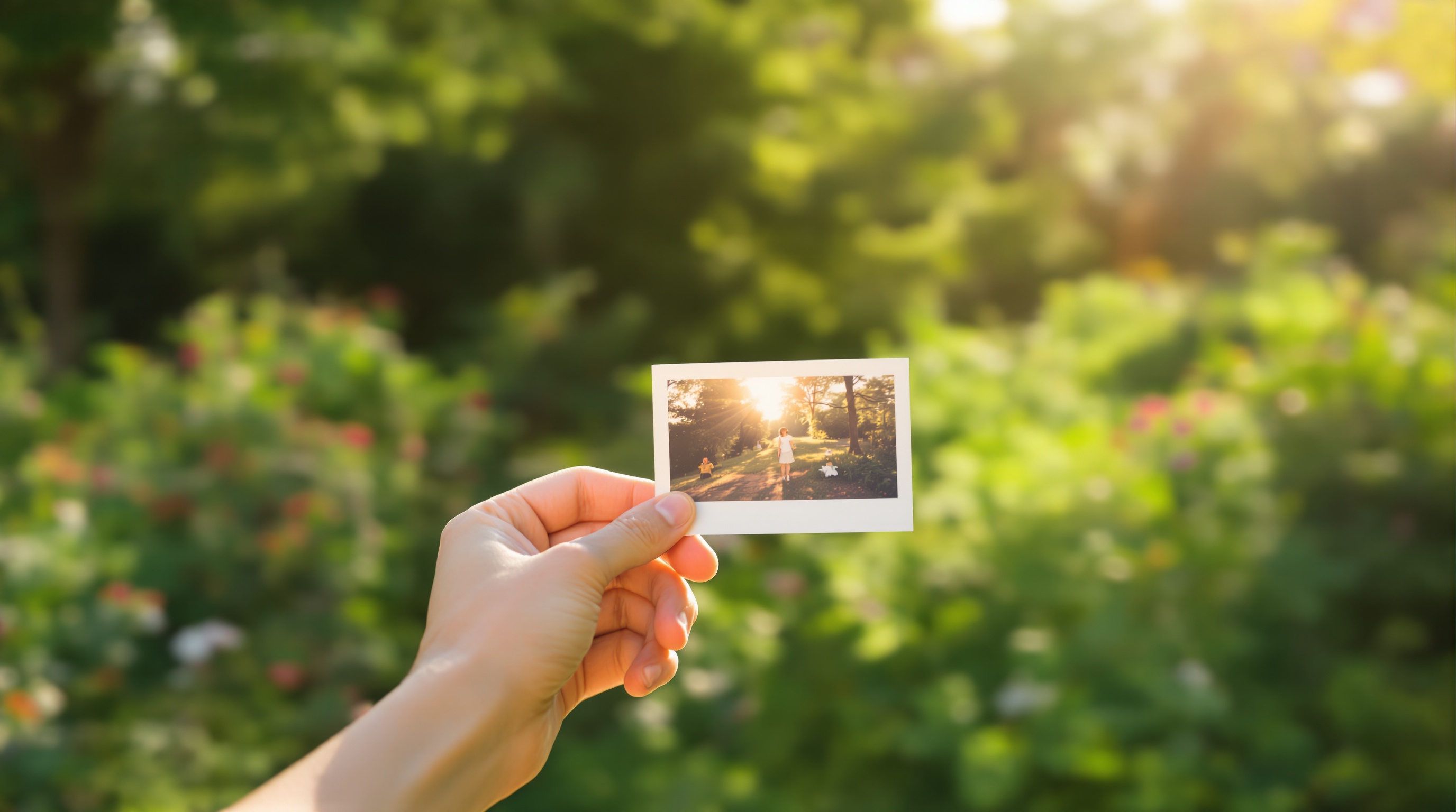 A hand holding a small printed photograph in a sunlit garden with soft bokeh