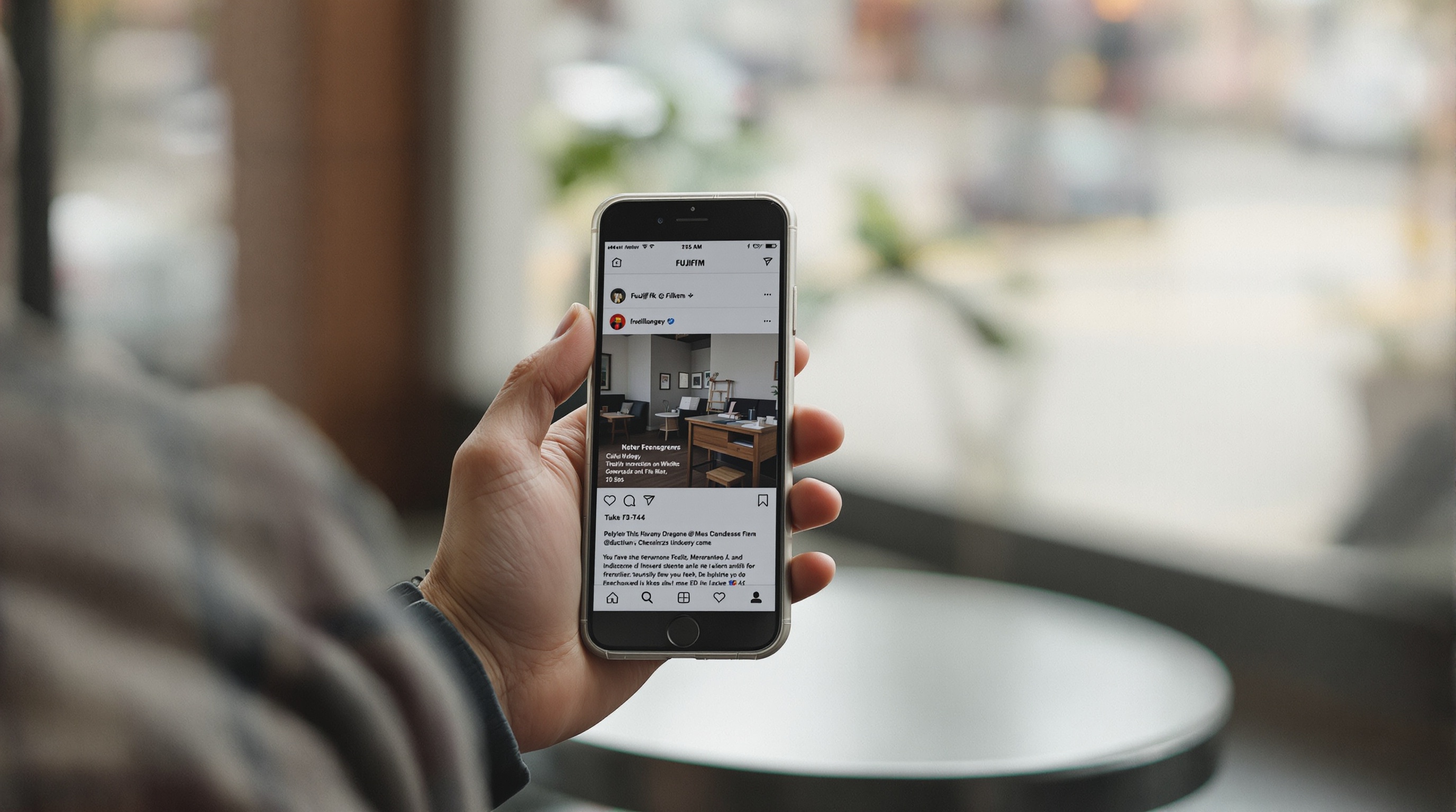A smartphone showing an Instagram feed held at a cafe table with soft natural light