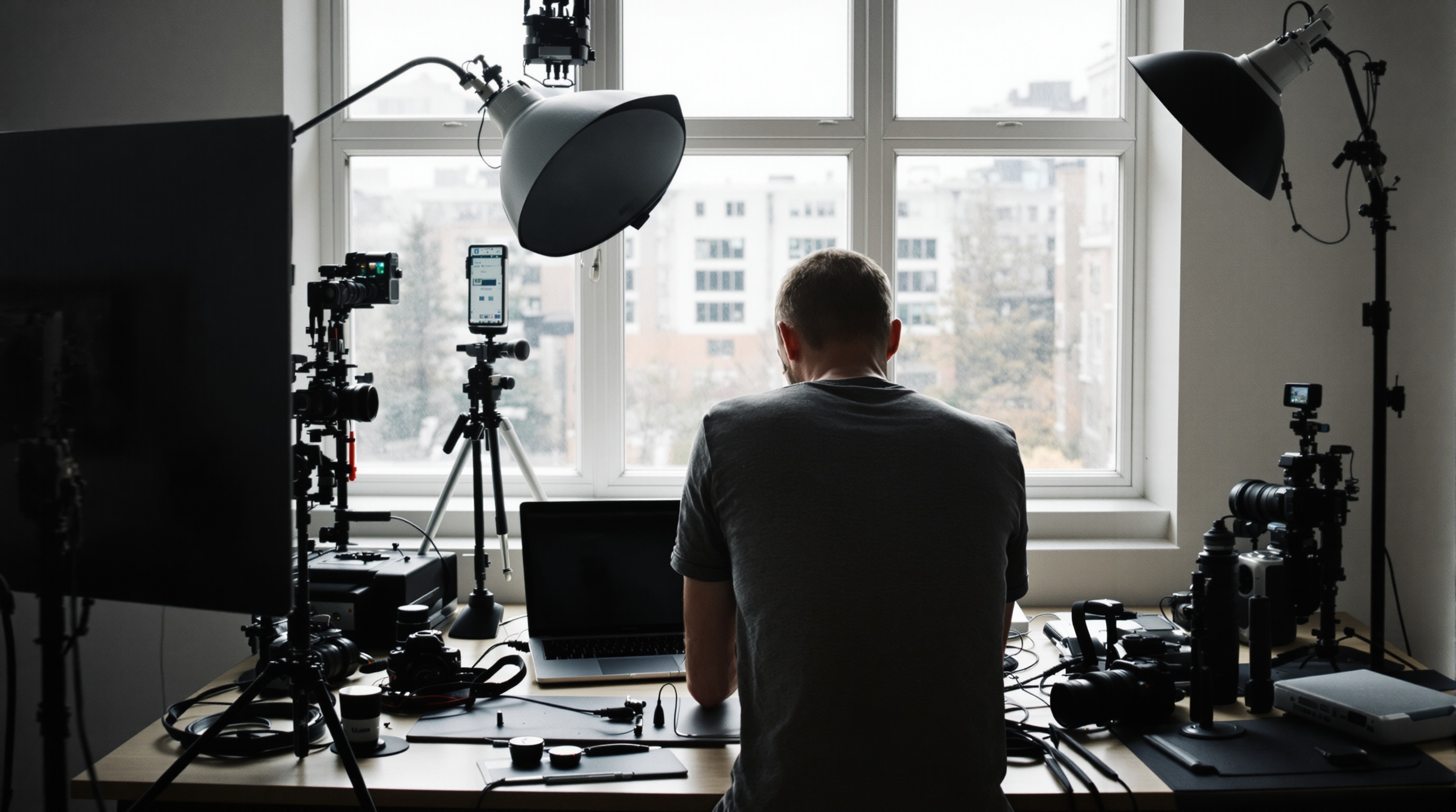 Photographer reviewing sharp full-resolution photos on a laptop screen with camera gear laid out beside them on a studio table