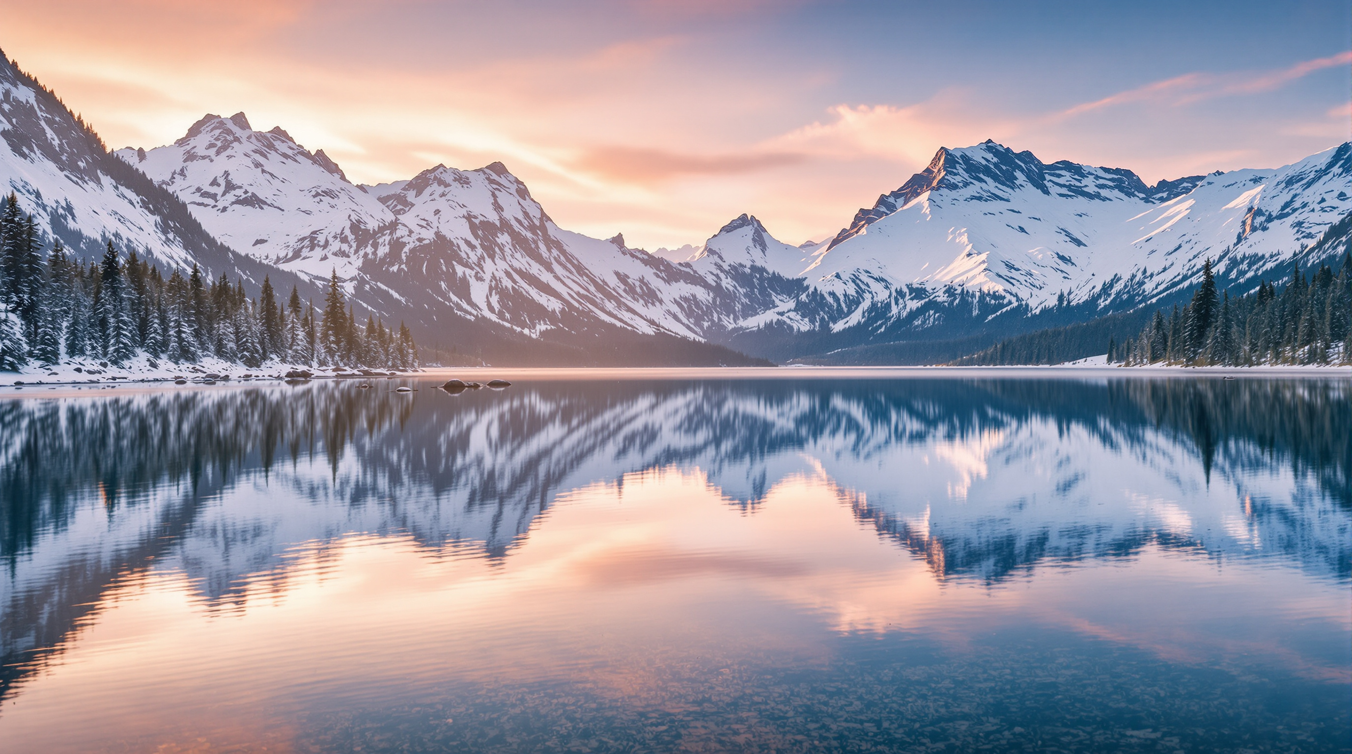 Snowy peaks reflected in a still alpine lake at sunrise