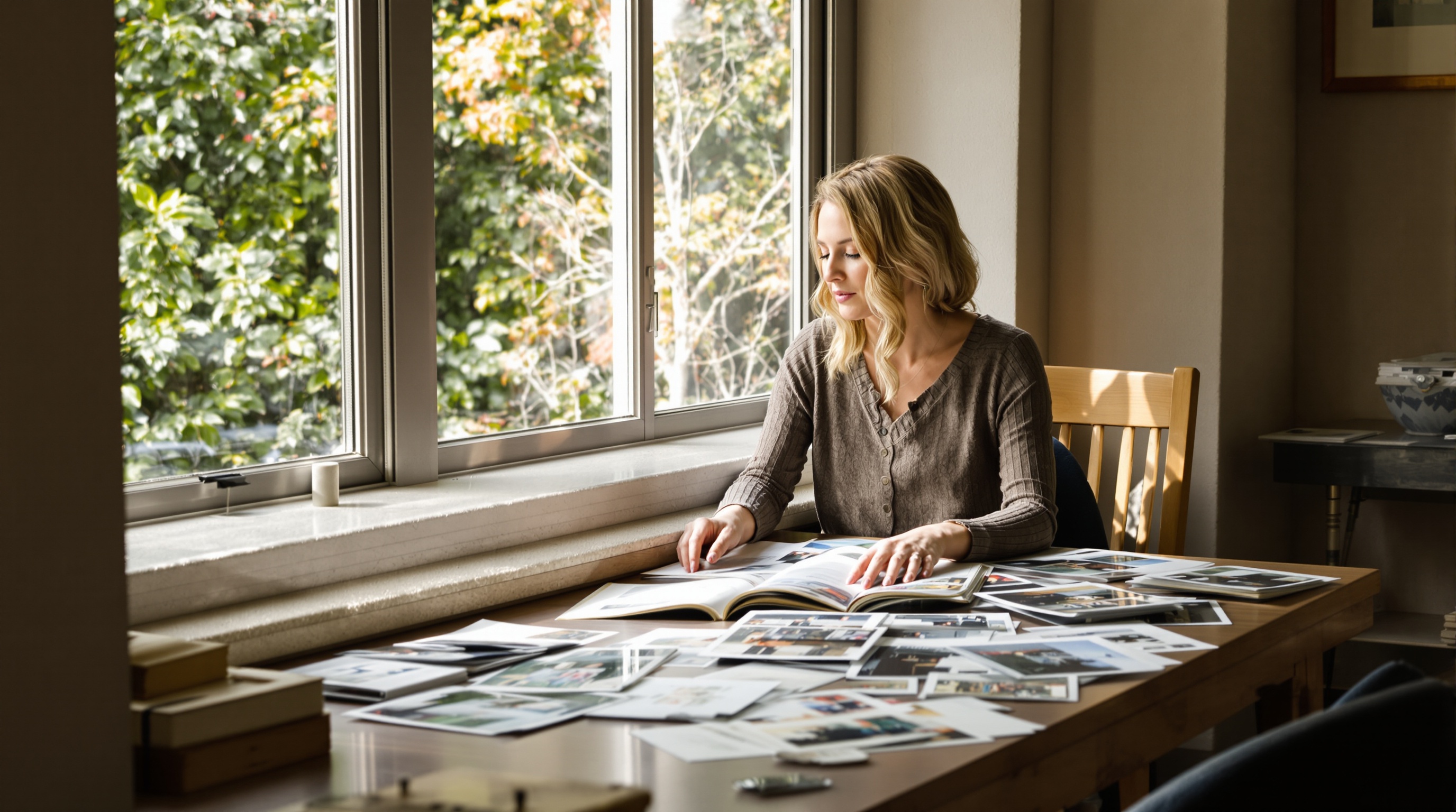 A woman sitting by a window reviewing photos on a tablet, natural daylight, shallow depth of field with greenery visible outside