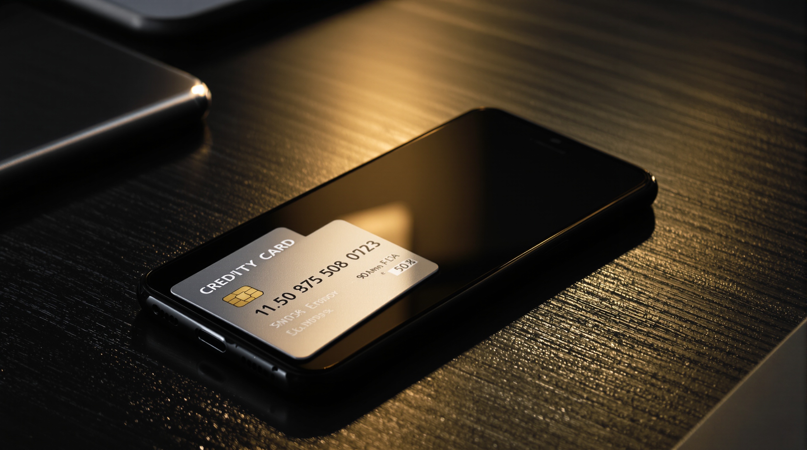 Close-up of a credit card on a wooden desk next to a smartphone, shallow depth of field, cool office lighting