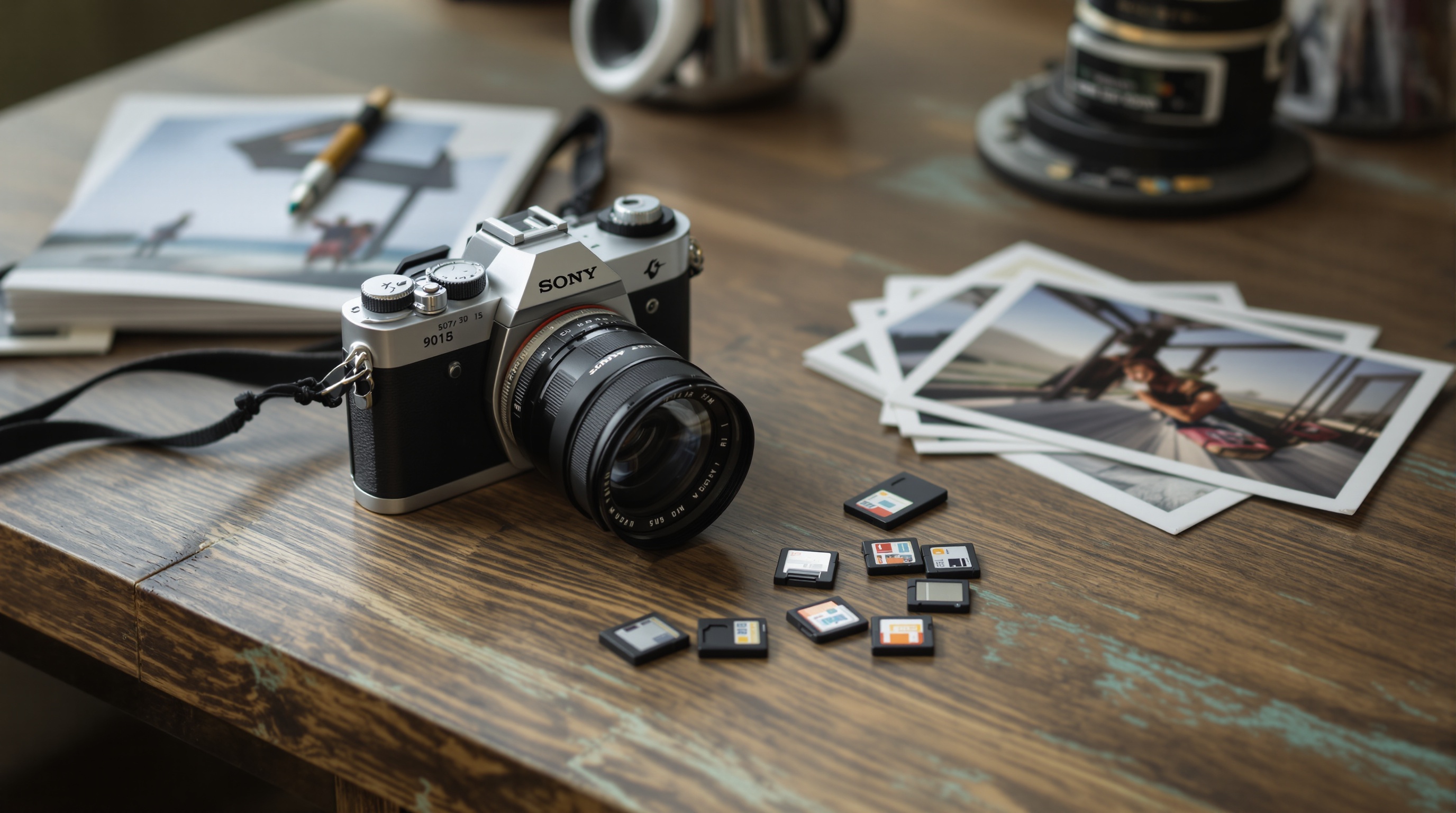Close-up of a camera and memory cards on a wooden desk next to scattered photo prints, editorial still life
