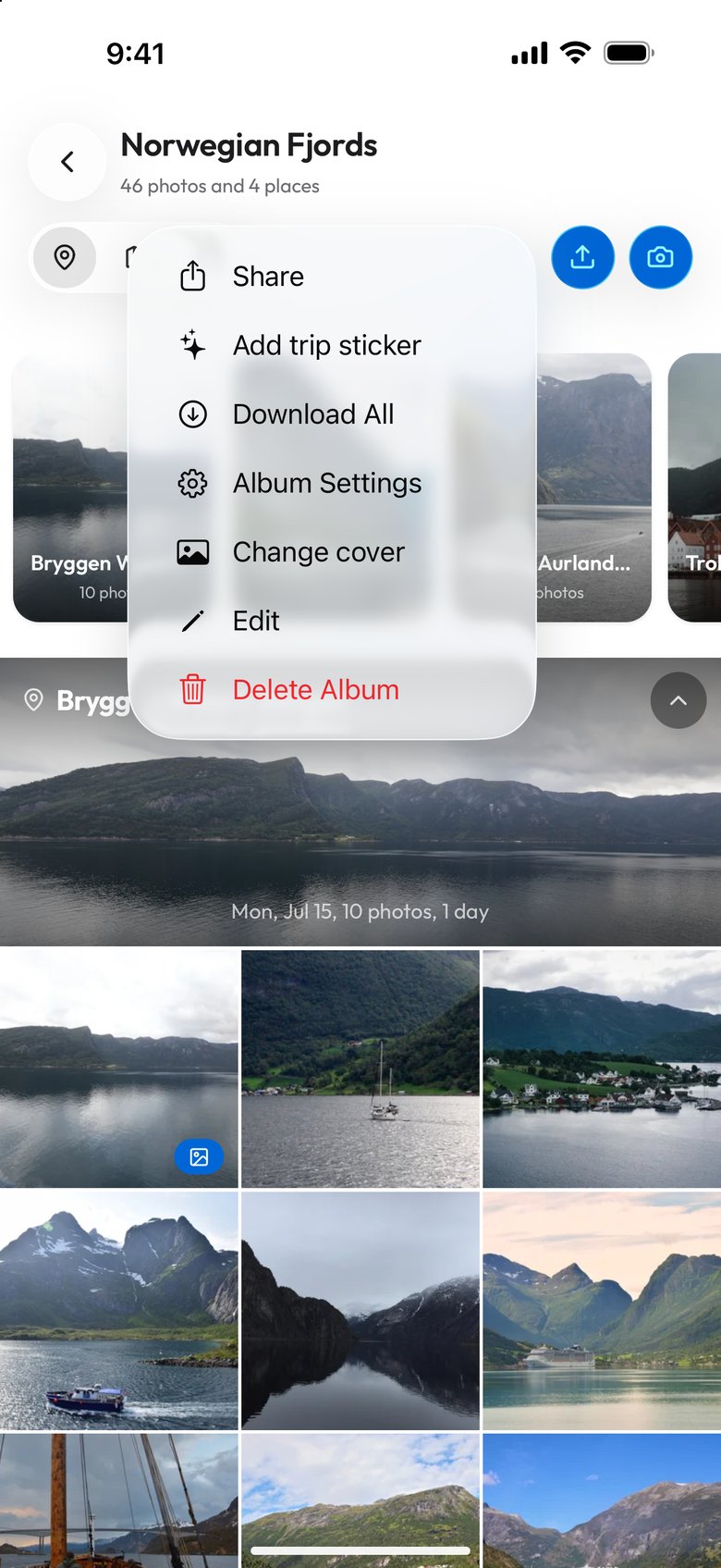 The ⋮ menu of the same album open on a phone, with Share, Add trip sticker, Download All, Album Settings, Change cover, Edit and Delete Album in red, over the album's Location view