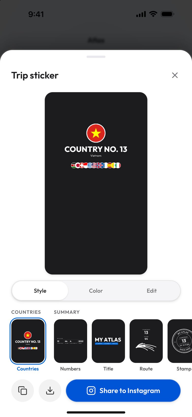 The Countries design of the demo Atlas in the studio: the Vietnamese flag, Country no. 13, Vietnam, and a row of twelve small round flags on a dark preview