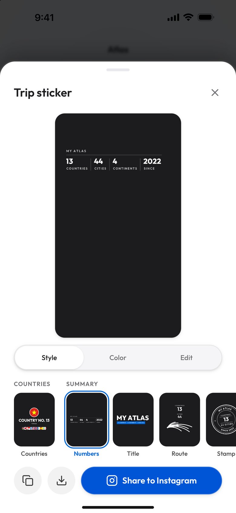 The Numbers design of the demo Atlas: My atlas over four figures, 13 countries, 44 cities, 4 continents and 2022 as the year it starts
