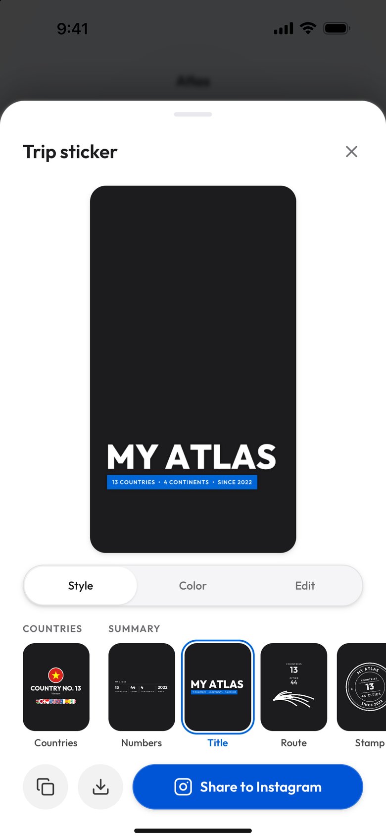The Title design of the demo Atlas: My atlas in large capitals over a blue band reading 13 countries, 4 continents, since 2022