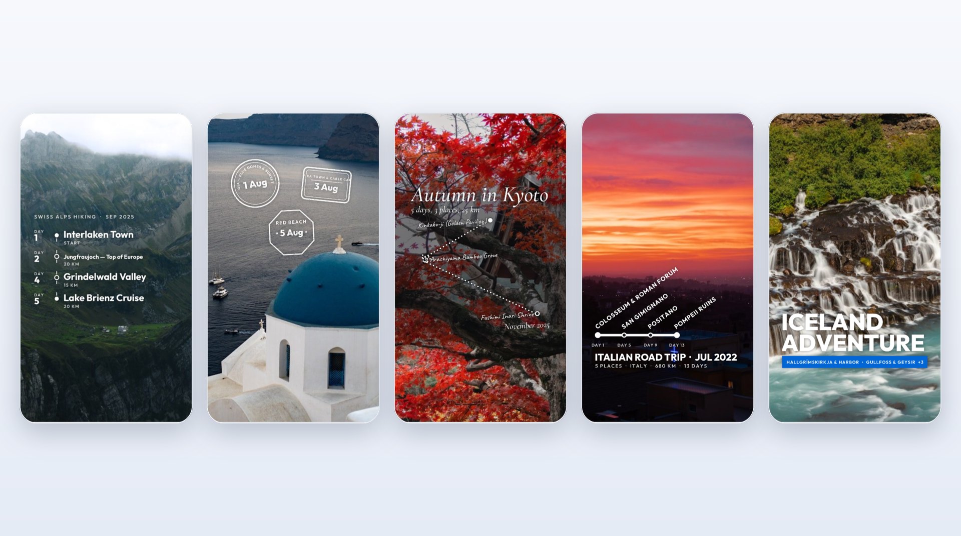 Five trip sticker designs from the studio side by side, each on a photo from a different demo album: Trip log for Swiss Alps Hiking with Interlaken Town, Jungfraujoch, Grindelwald Valley and Lake Brienz Cruise by day, Stamps for Santorini, Greece with three passport stamps from 1 to 5 Aug, the Journal for Autumn in Kyoto in an italic serif over red maple leaves, Metro for the Italian Road Trip over a sunset, and Title for Iceland Adventure in large white capitals over a waterfall