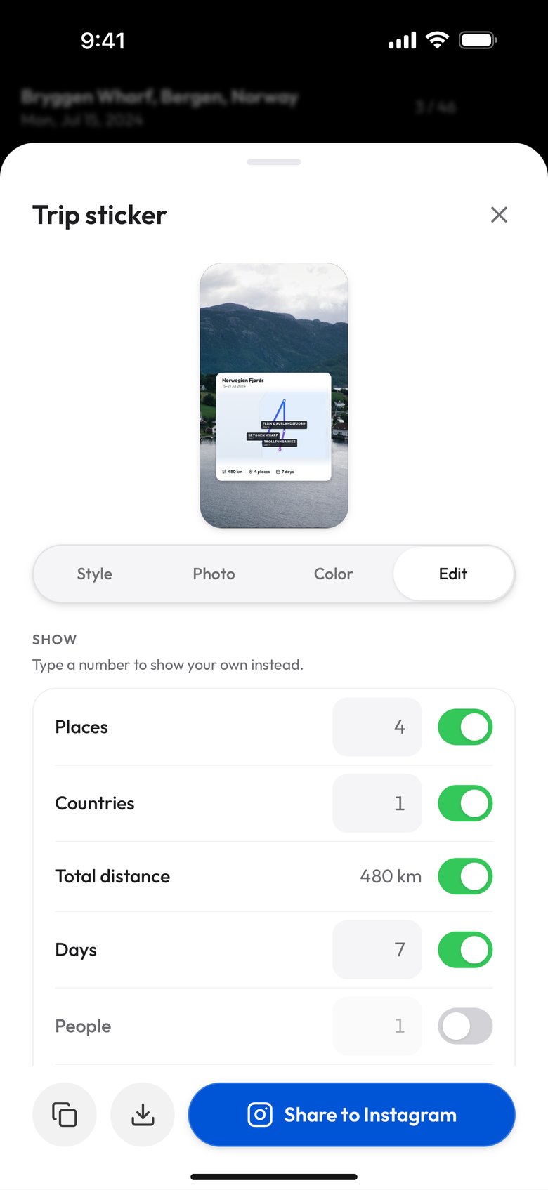 The Show section of the Edit tab: Type a number to show your own instead., with switches on for Places 4, Countries 1, Total distance 480 km and Days 7, and off for People 1