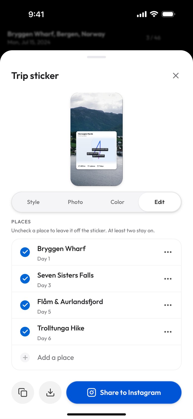 The Edit tab of the studio for the Norwegian Fjords demo album: under Places, the line Uncheck a place to leave it off the sticker. At least two stay on., four checked rows for Bryggen Wharf on Day 1, Seven Sisters Falls on Day 3, Flåm & Aurlandsfjord on Day 5 and Trolltunga Hike on Day 6, each with a ⋯ button, and Add a place
