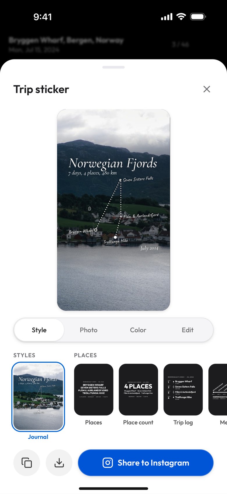 The Journal design in the studio over a photo of a fjord village: Norwegian Fjords in a large italic serif, 7 days, 4 places, 480 km under it, a dotted route through Bryggen Wharf, Seven Sisters Falls, Flåm & Aurlandsfjord and Trolltunga Hike with each name handwritten beside its stop, the faint outline of the coast behind, and July 2024