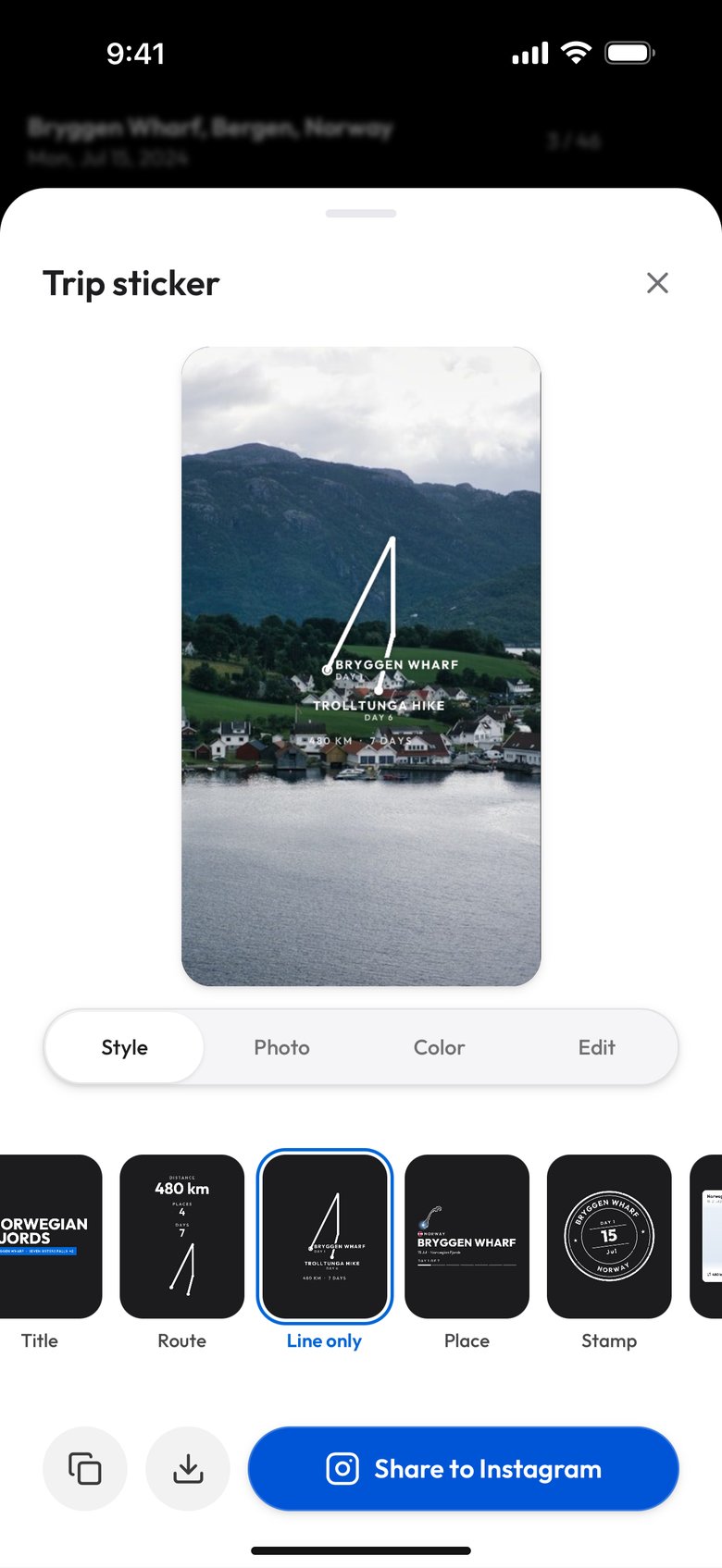 The Line only design: the route line with only its two ends named, Bryggen Wharf on Day 1 and Trolltunga Hike on Day 6, and 480 km, 7 days