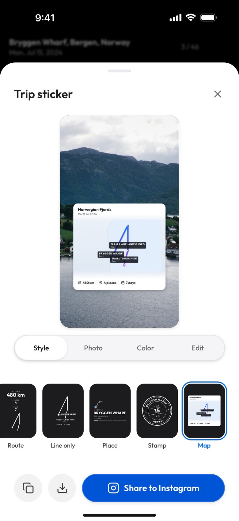 The Map design: a white card titled Norwegian Fjords, 15 to 21 Jul 2024, with the route drawn from blue to purple over a light map of the region, the stops Bryggen Wharf on Day 1, Flåm & Aurlandsfjord on Day 5 and Trolltunga Hike on Day 6 labeled on it, and 480 km, 4 places, 7 days at the bottom