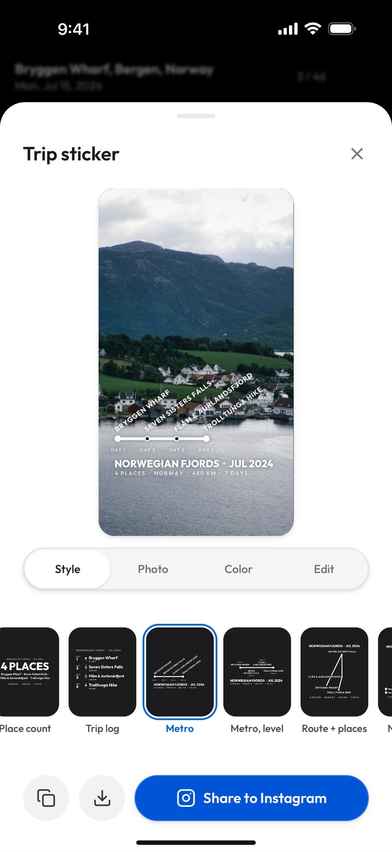 The Metro design: the four places as stops on a line, their names slanted above it and Day 1, Day 3, Day 5 and Day 6 below, over Norwegian Fjords, Jul 2024 and 4 places, Norway, 480 km, 7 days