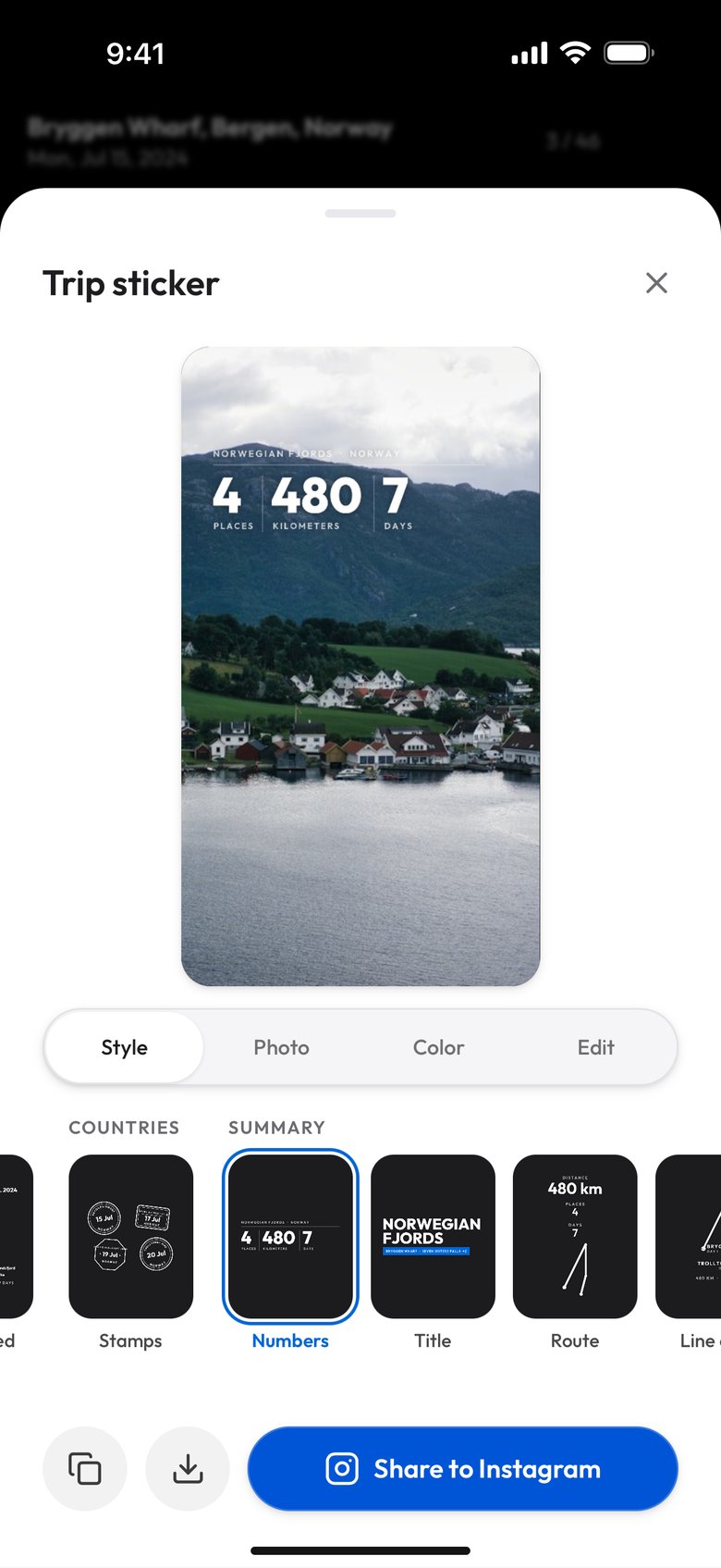The Numbers design: Norwegian Fjords, Norway over three large figures, 4 places, 480 km and 7 days