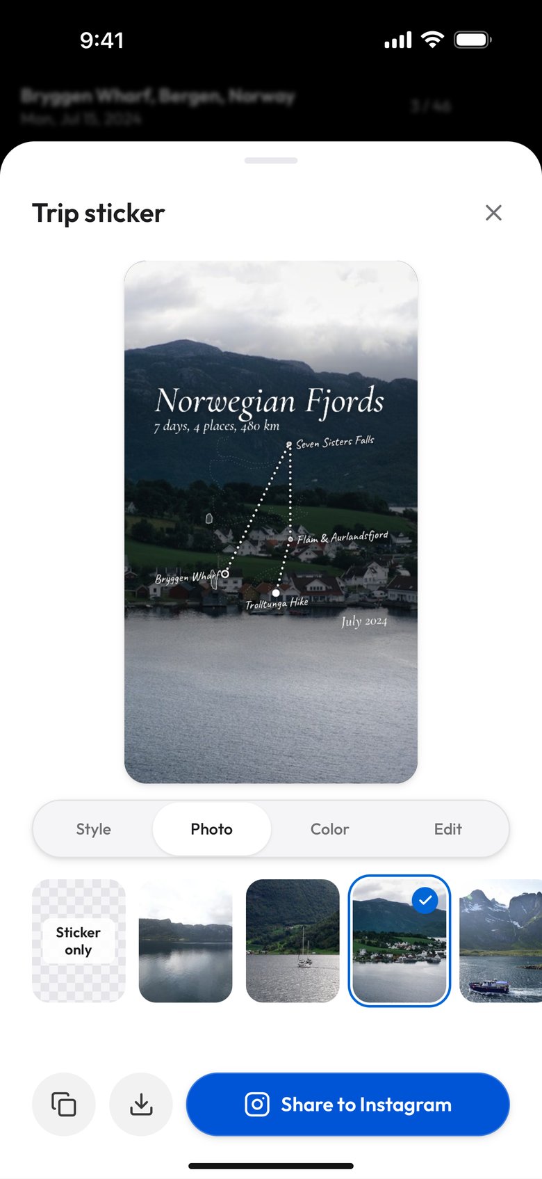 The Photo tab of the studio: the Journal over the fjord village photo, and under the tabs a row of choices starting with Sticker only on a checkered square, then photos from the album, the village one checked