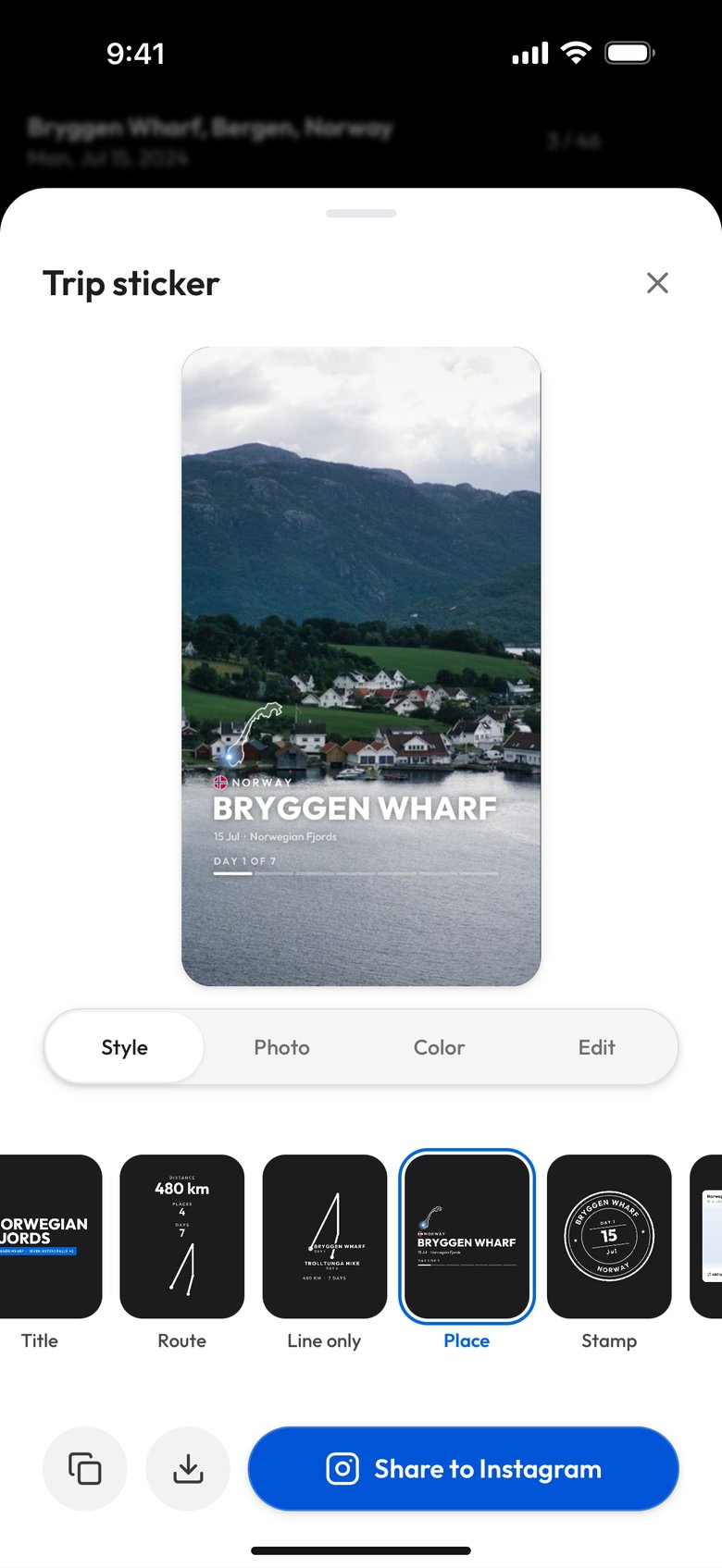 The Place design: the outline of the Norwegian coast, the Norwegian flag and Norway, Bryggen Wharf in large letters, 15 Jul, Norwegian Fjords, and Day 1 of 7 over a bar of seven segments