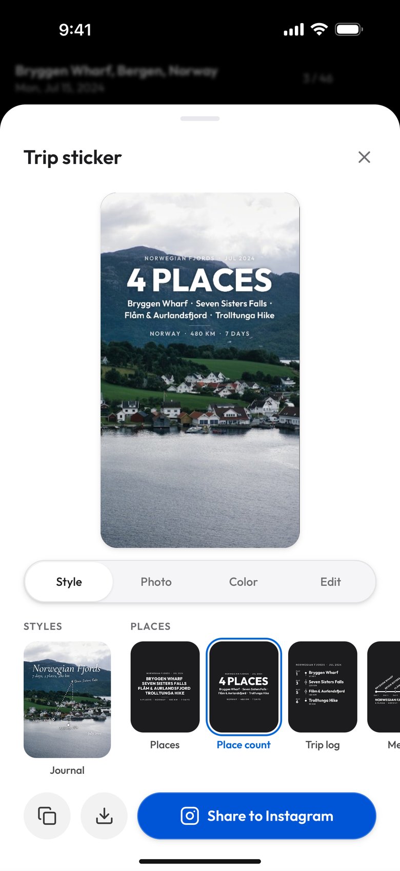 The Place count design: 4 places in large letters over the four names in one line, then Norway, 480 km, 7 days