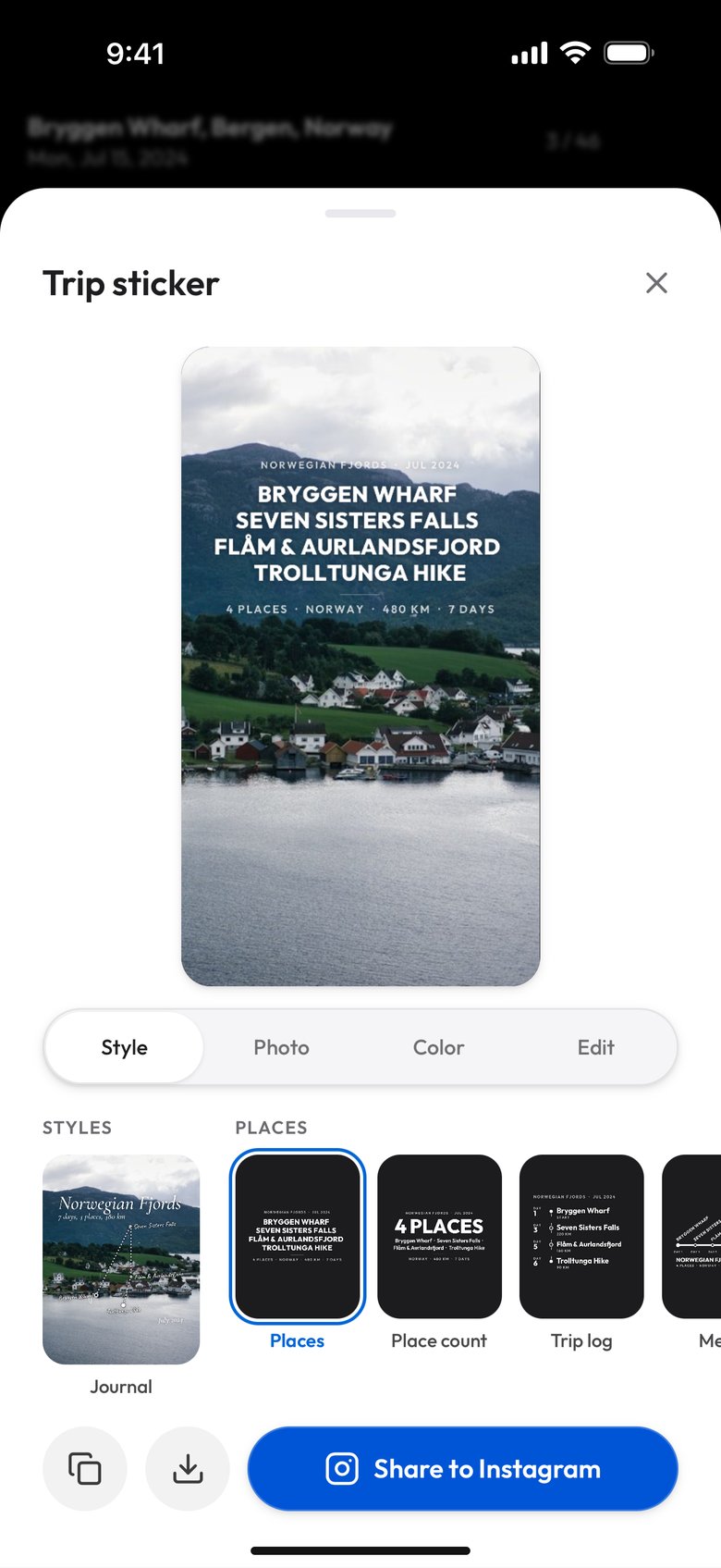 The Places design: Norwegian Fjords, Jul 2024, the names Bryggen Wharf, Seven Sisters Falls, Flåm & Aurlandsfjord and Trolltunga Hike in white capitals, and 4 places, Norway, 480 km, 7 days