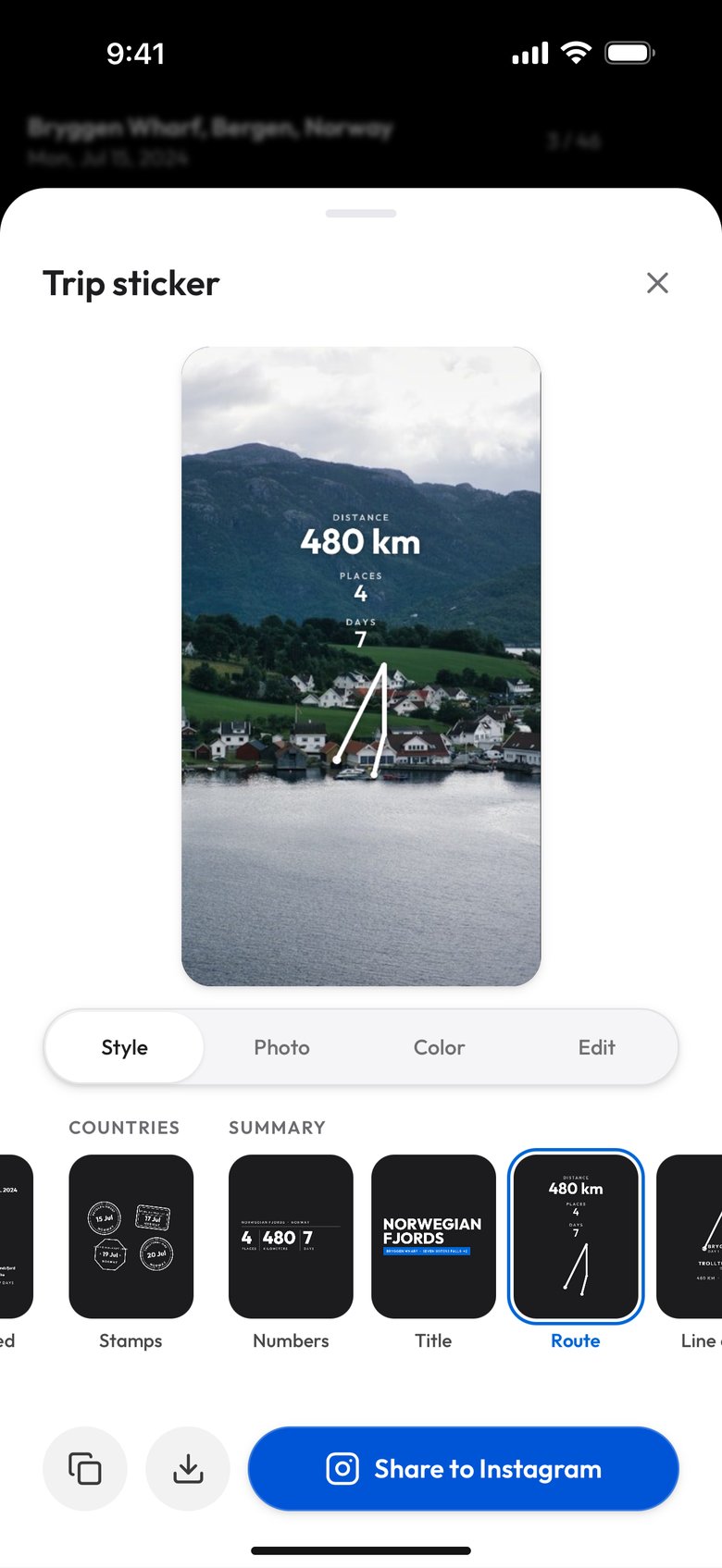 The Route design: distance 480 km, places 4 and days 7 stacked over the shape of the route