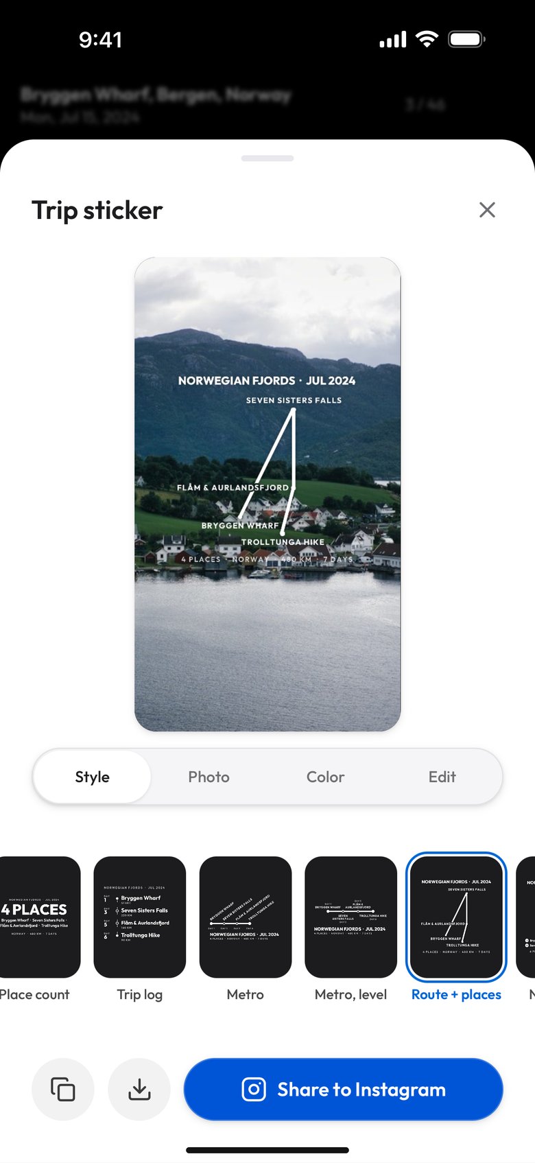 The Route + places design: the shape of the route as a white line under Norwegian Fjords, Jul 2024, with each stop named beside it