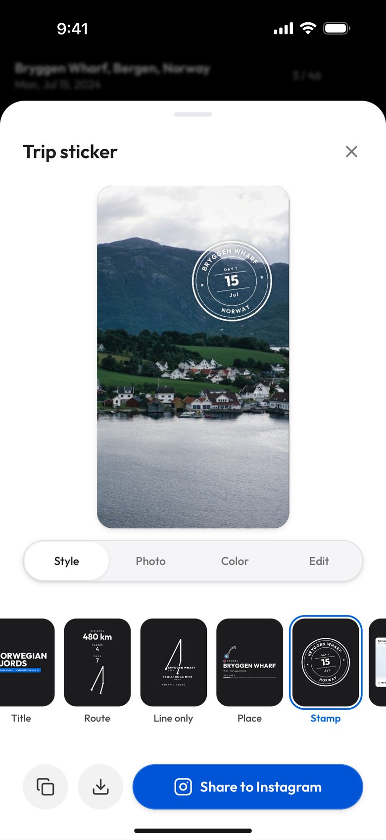 The Stamp design: one round rubber stamp reading Bryggen Wharf, Day 1, 15 Jul, Norway