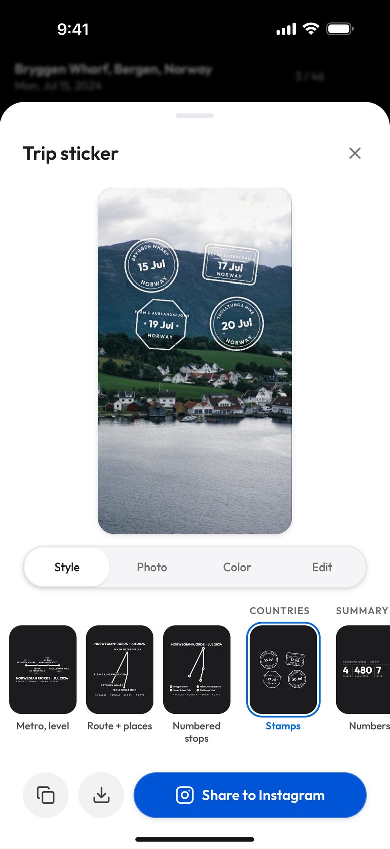 The Stamps design: four passport stamps of different shapes, 15 Jul for Bryggen Wharf, 17 Jul for Seven Sisters Falls, 19 Jul for Flåm & Aurlandsfjord and 20 Jul for Trolltunga Hike, each marked Norway
