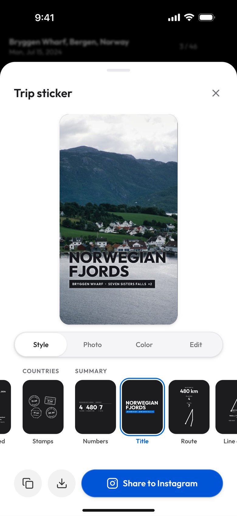 The Title design: Norwegian Fjords in large dark capitals over a dark band reading Bryggen Wharf, Seven Sisters Falls, plus 2, the ink chosen to stand out from the bright water under it
