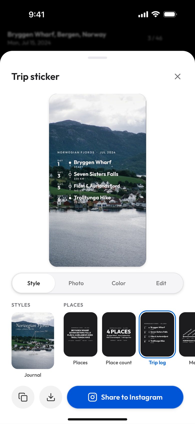 The Trip log design: a list of stops under Norwegian Fjords, Jul 2024, from Bryggen Wharf on Day 1 to Seven Sisters Falls on Day 3, Flåm & Aurlandsfjord on Day 5 and Trolltunga Hike on Day 6, with 220, 160 and 90 km between them