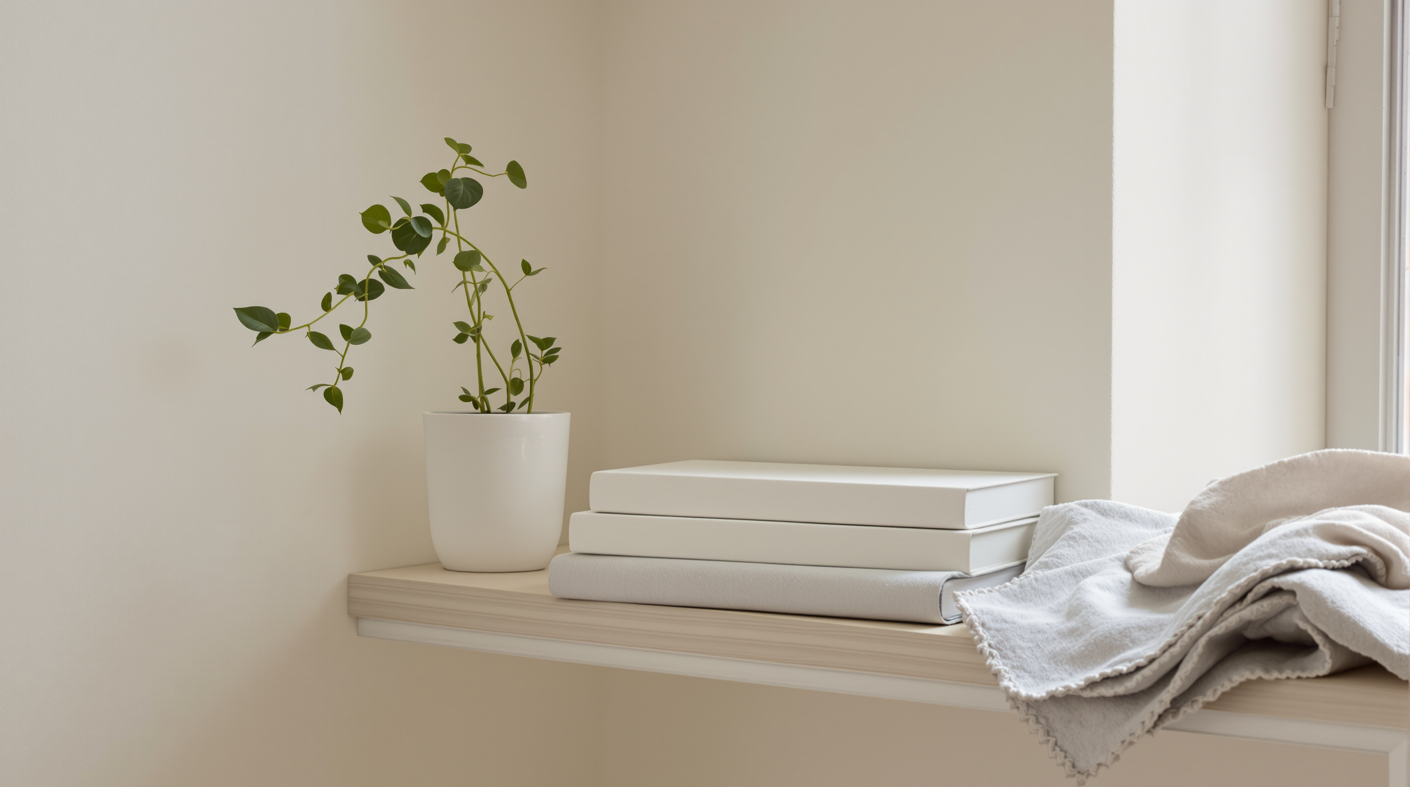 A pale wooden shelf with a trailing plant in a white pot, a stack of plain blank notebooks and a folded linen cloth in soft diffused morning light