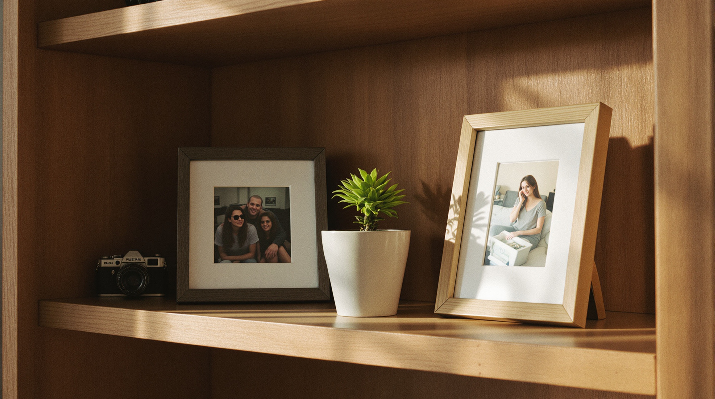 Wooden shelf with a camera, small plant, and picture frames in soft diffused morning light