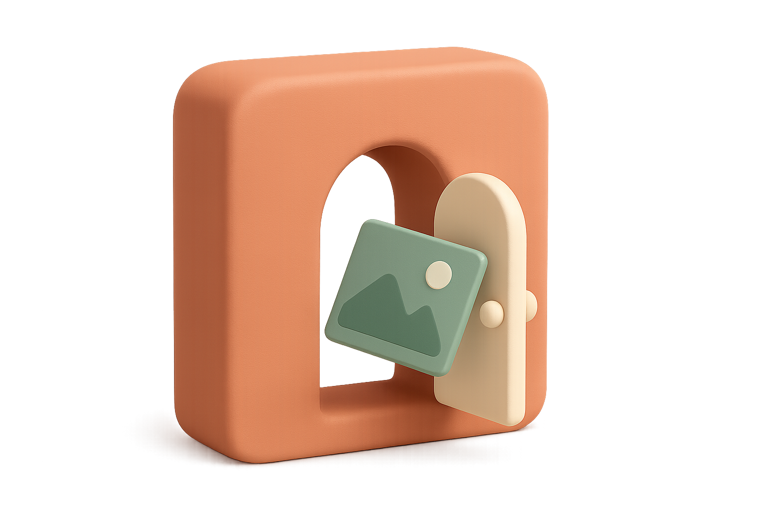 A terracotta wall with an arched doorway and an open cream door, a green photo card passing through it